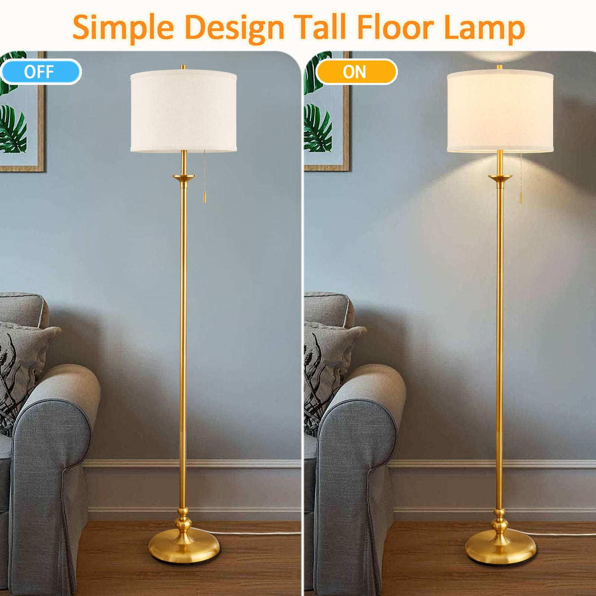 60" Gold Floor Lamp, Floor Lamps for Living Room with Fabric Shade