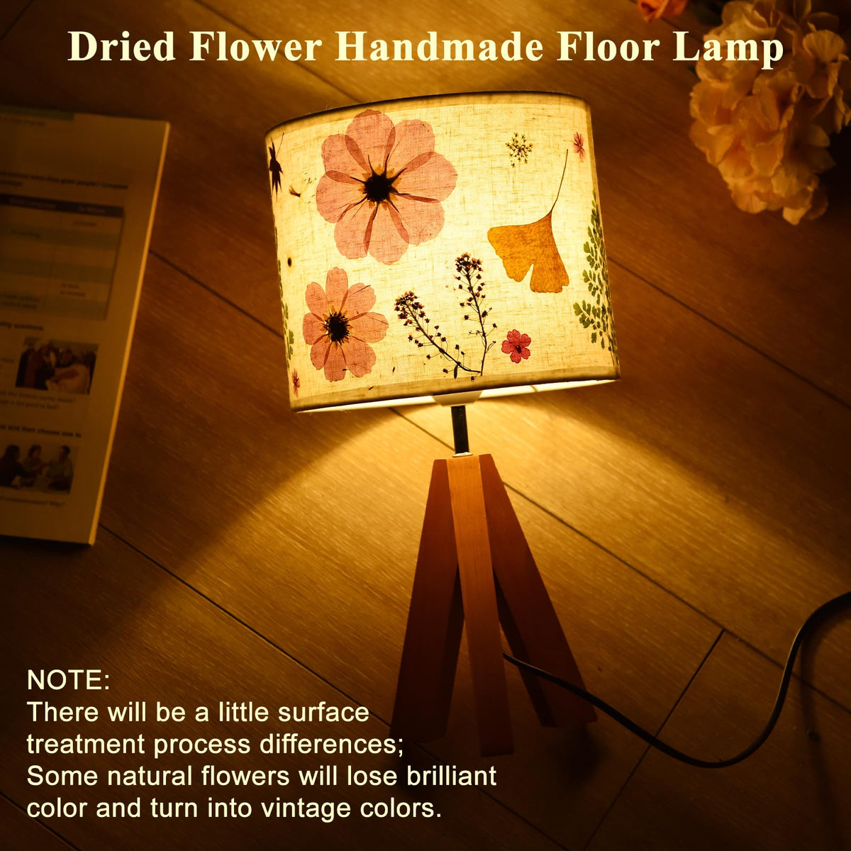 Dried Flowers Tripod Table Lamp 14.96in, 9W LED Dimmable Cute Bedside Lamp with Flowers Linen Lampshade for Nursery, Bedroom, Kid Room, Living Room, Light Brown Wooden Base