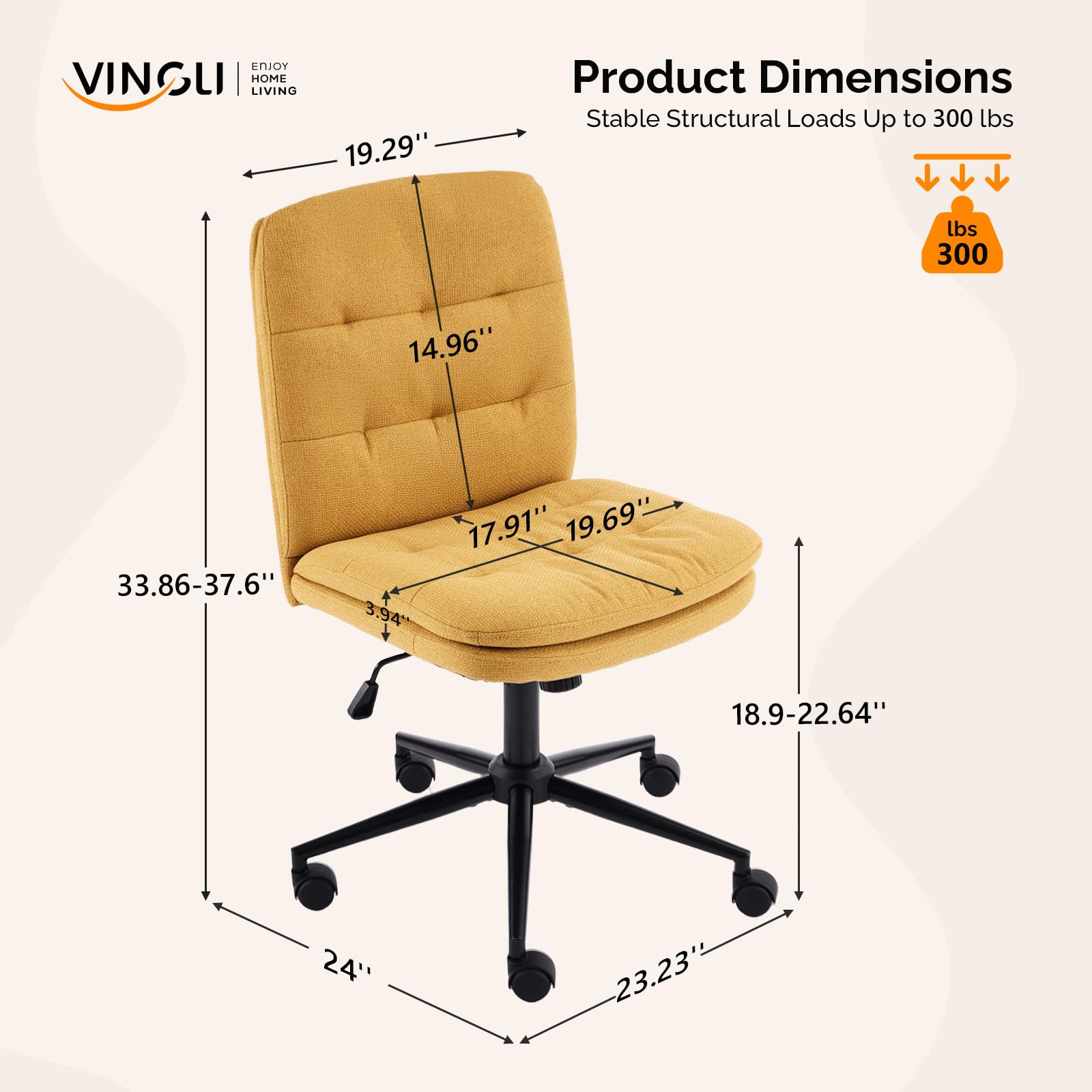 Mid Back Armless Office Desk Chair with Wheels/no Wheels,360°Rocking Swivel Vanity Chair with Thickened Cushion,Adjustable Height Rolling for Reading Room, Make up, Linen Ginger Yellow