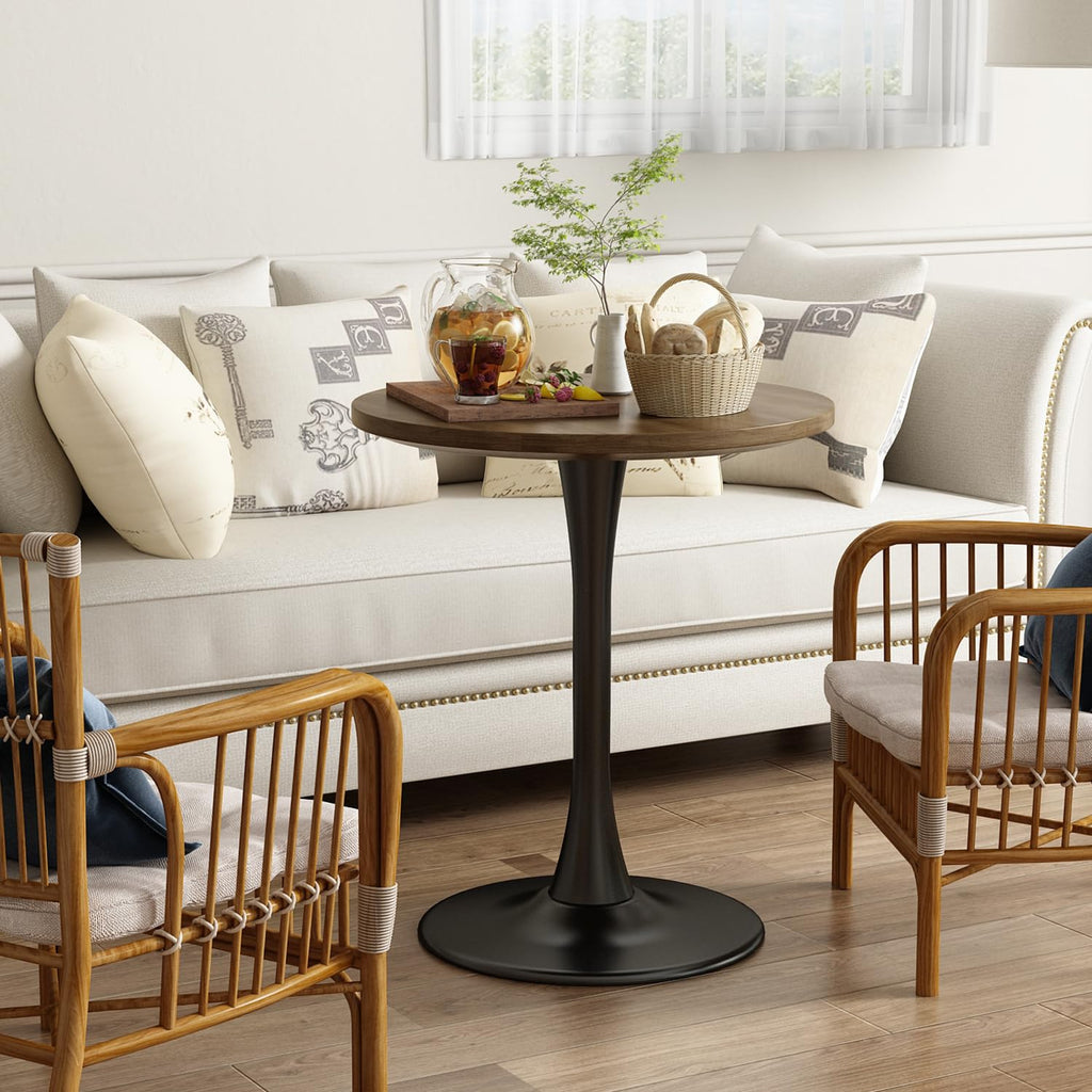 Kasinali Round Dining Table 27.5" Circle Tulip Table with Wood Thickened Tabletop & Sturdy Metal Pedestal Mid Century Modern Farmhouse Kitchen Tables for 4 Small Places Living Room Cafe,Somber Walnut