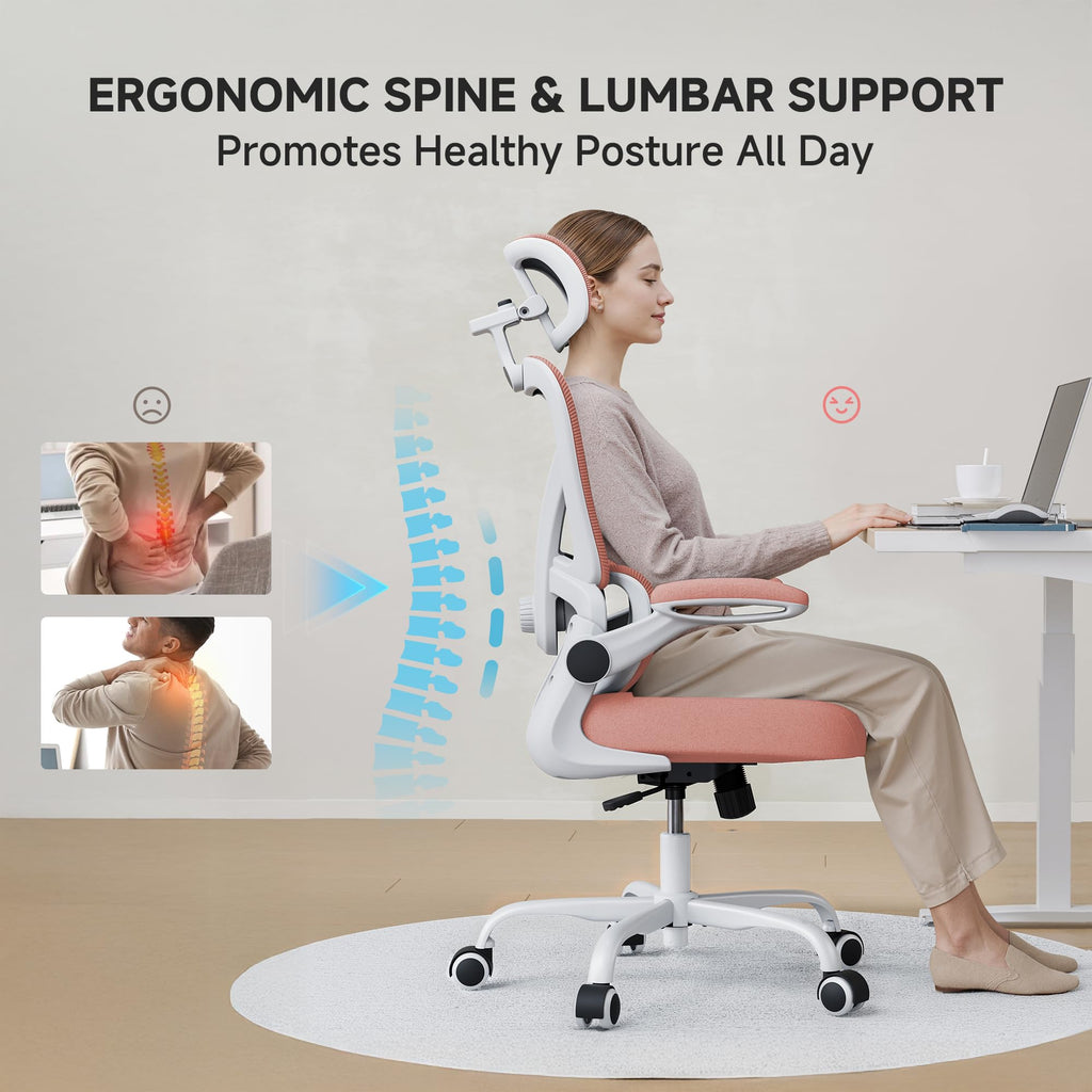 Ergonomic Office Chair, 330LBS Desk Chair with 3-Level Lumbar Support & Headrest, Breathable Mesh Backrest, Flip-Up Armrests for Home Office and Gaming, Pink