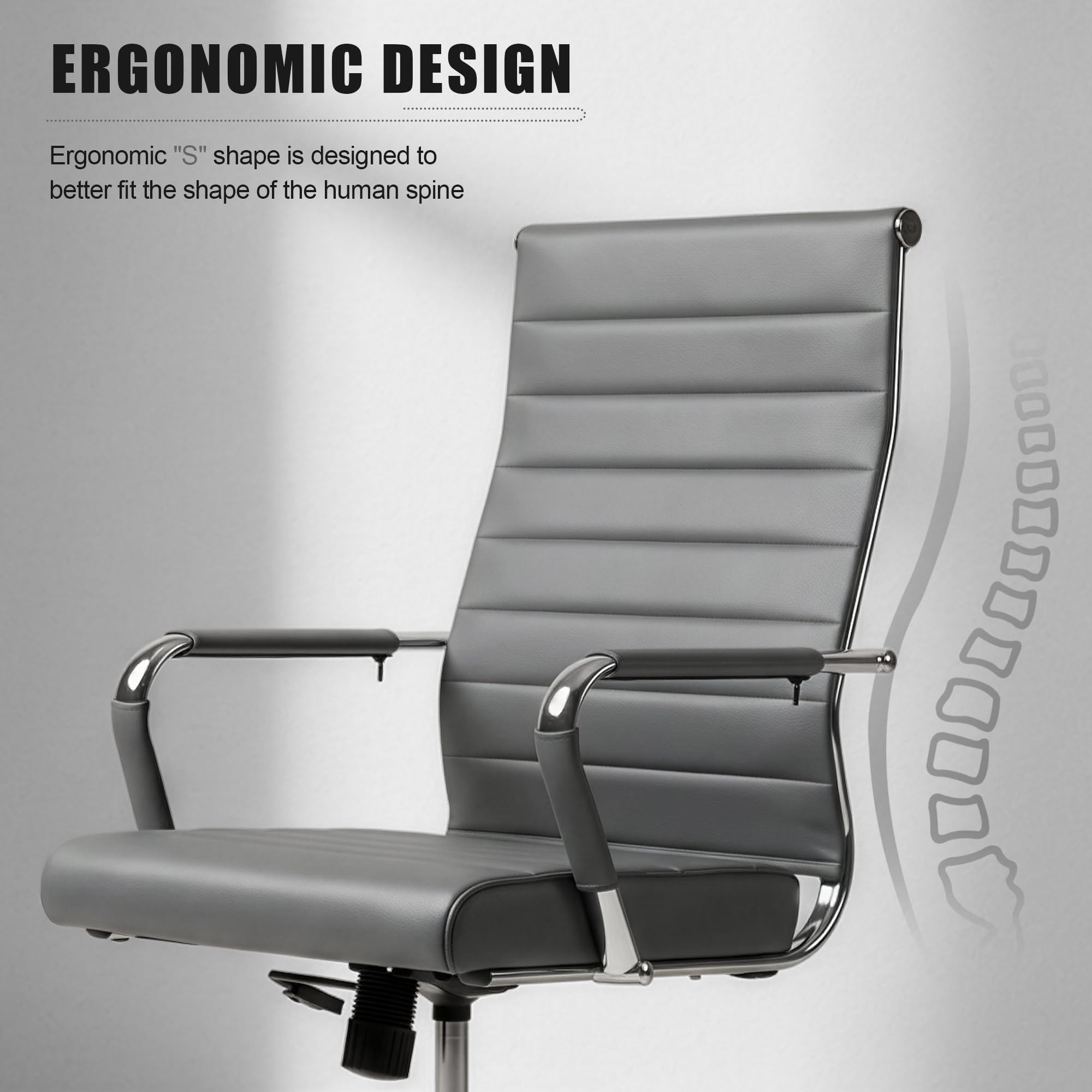 Grey Office Desk Chair, Ergonomic Leather Modern Conference Room Chairs, Executive Ribbed Adjustable Swivel Rolling Chair for Home Office.