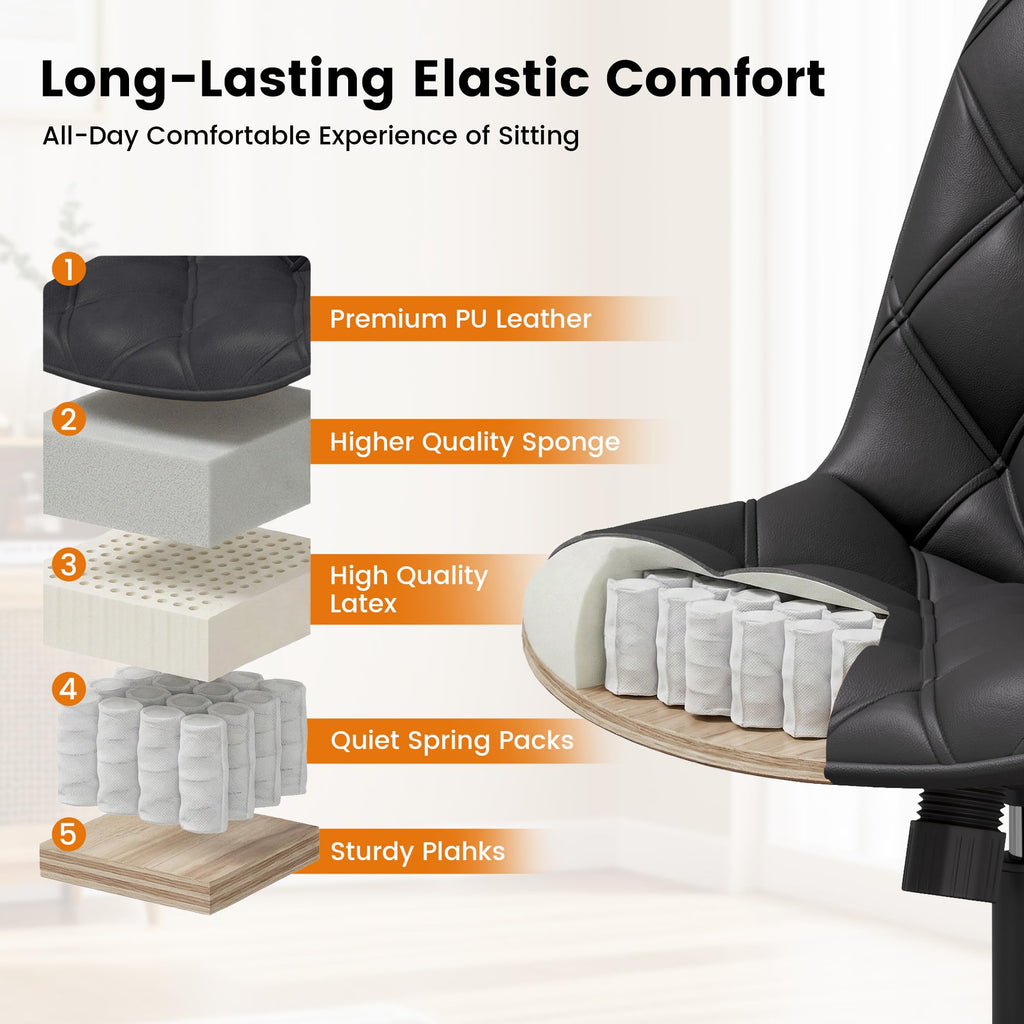 Armless Office Chair, Mid Back Modern Desk Chair with Rubber Wheels, 360 Swivel PU Leather Office Chair No Arms, Adjustable Height Small Computer Chair, Armless Desk Chair for Office, Black