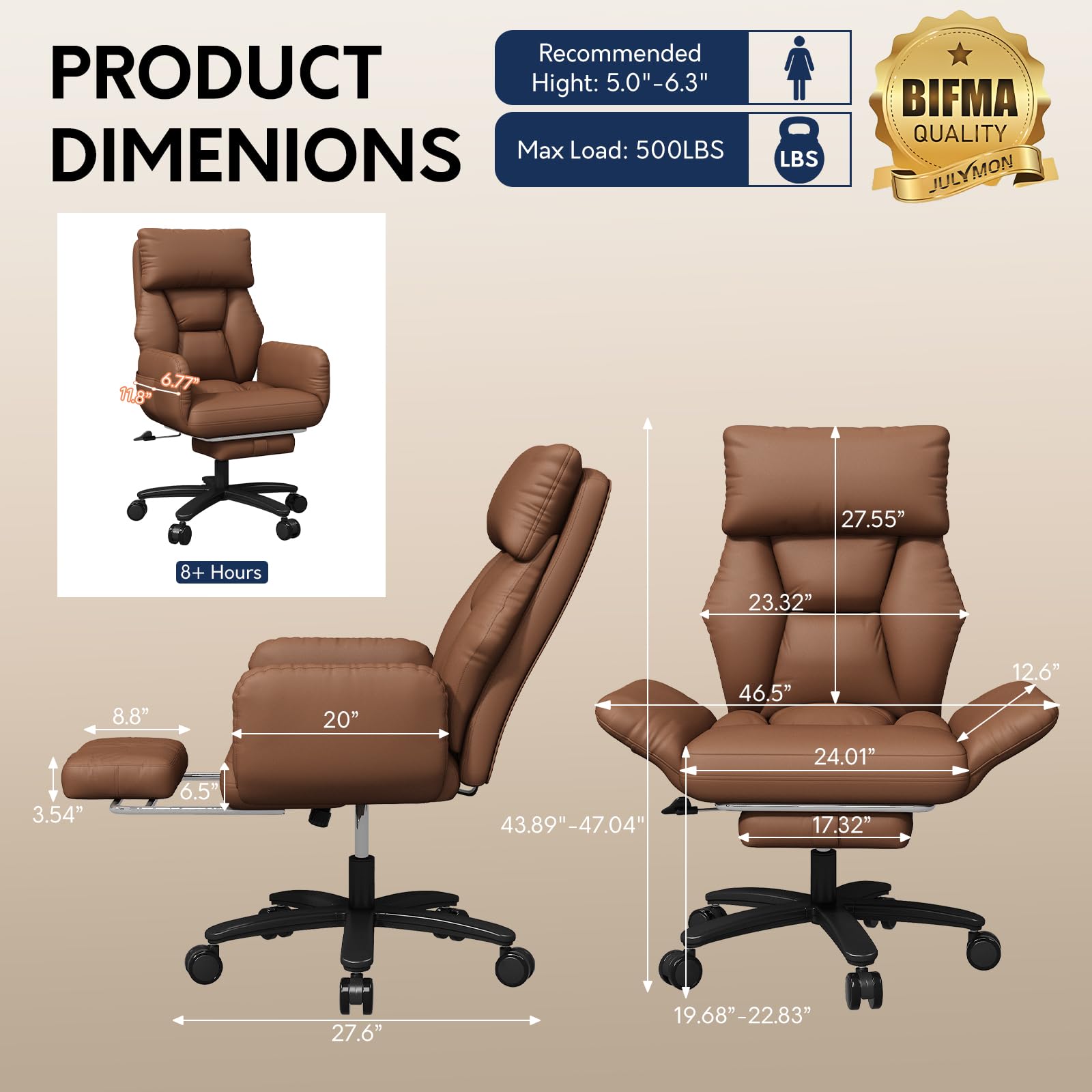 Cross Legged Office Chair with Pets Friendly Seat, Plus Size Criss Cross Desk Chair, Big and Tall Office Chair with Foot Rest, Reversible Armrests & Wide Seat, Brown