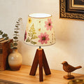 Dried Flowers Tripod Table Lamp 14.17in, 9W LED 3-Color Cute Bedside Lamp with Flowers Linen Lampshade for Nursery, Bedroom, Kid Room, Living Room, Light Brown Wooden Base