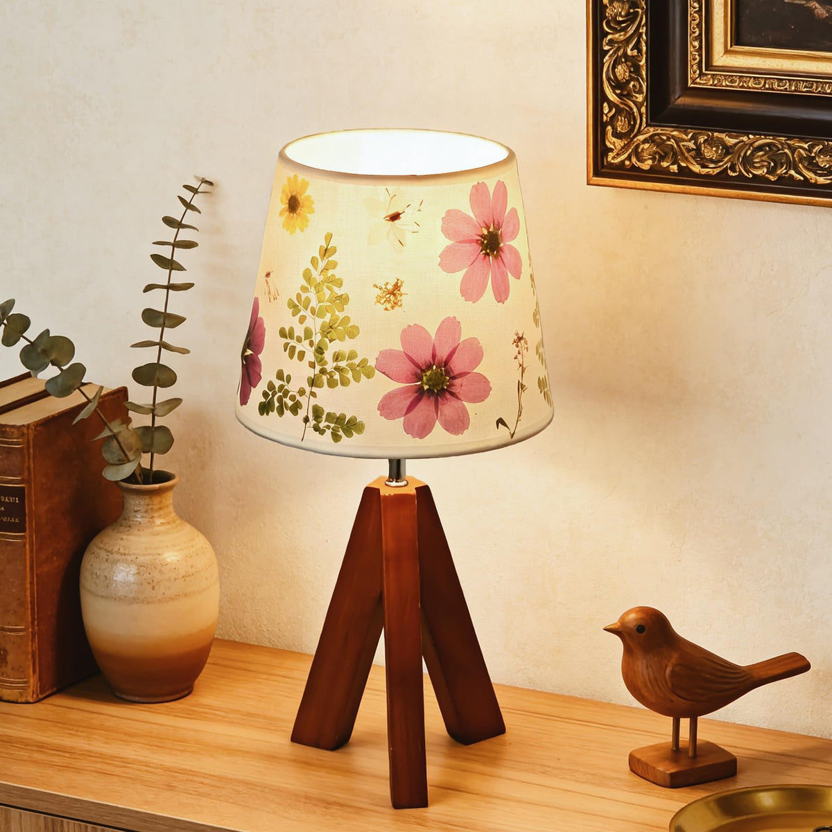 Dried Flowers Tripod Table Lamp 14.17in, 9W LED 3-Color Cute Bedside Lamp with Flowers Linen Lampshade for Nursery, Bedroom, Kid Room, Living Room, Light Brown Wooden Base