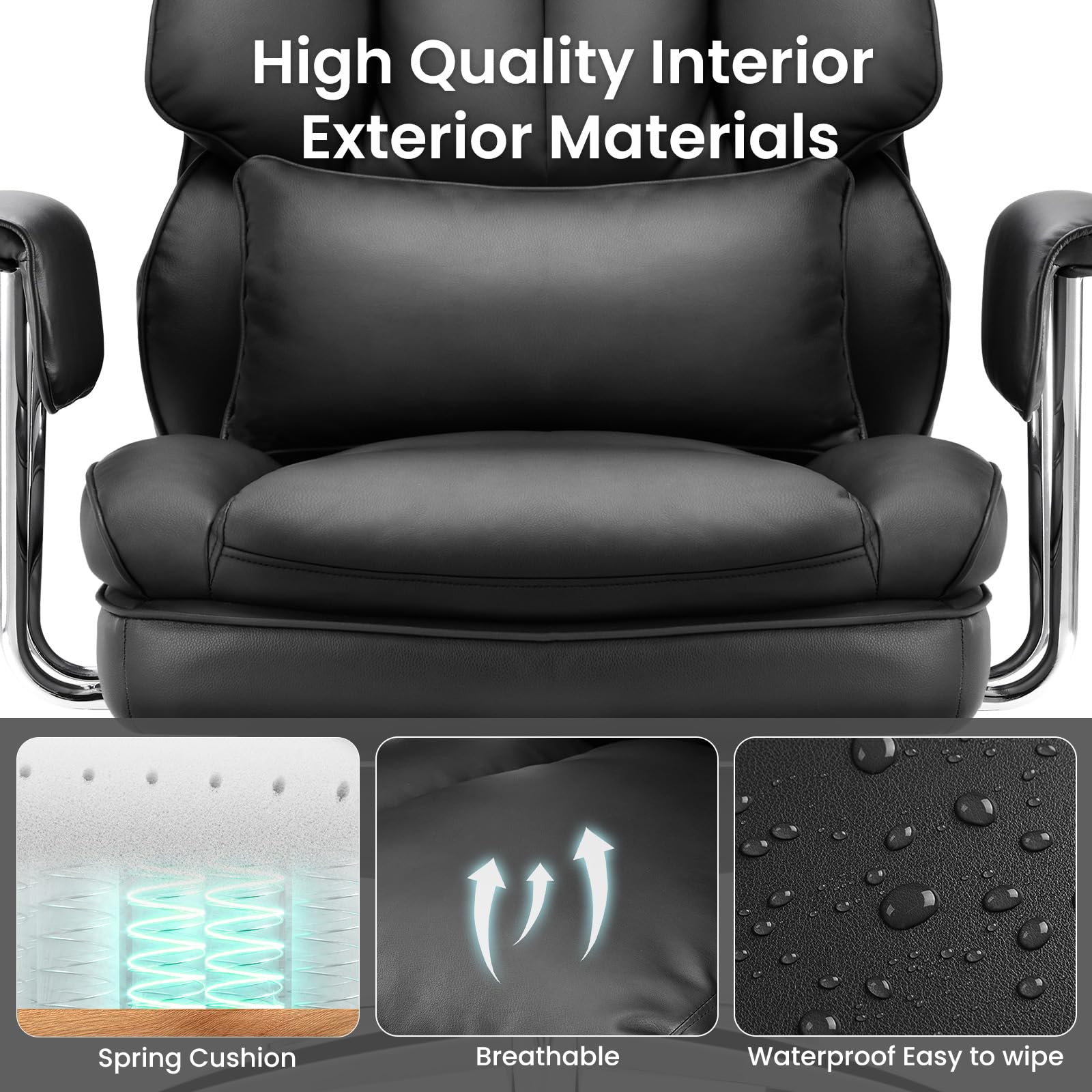Home Office Desk Chair Comfy with Foot Rest, PU Leather Ergonomic Big and Tall High Back Support, 360° Swivel Wheels, Armrests and Detachable Pillow, Height Adjustable, Inky