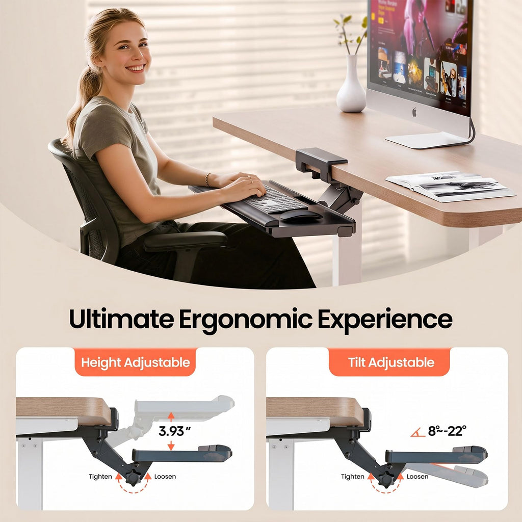 Upgraded Ergonomic Keyboard Tray Under Desk, Adjustable Sliding Keyboard Platform Holder, Keyboard Stand with Wrist Rest & Storage Drawer for Home, Office and Gaming, 24.4"x10"