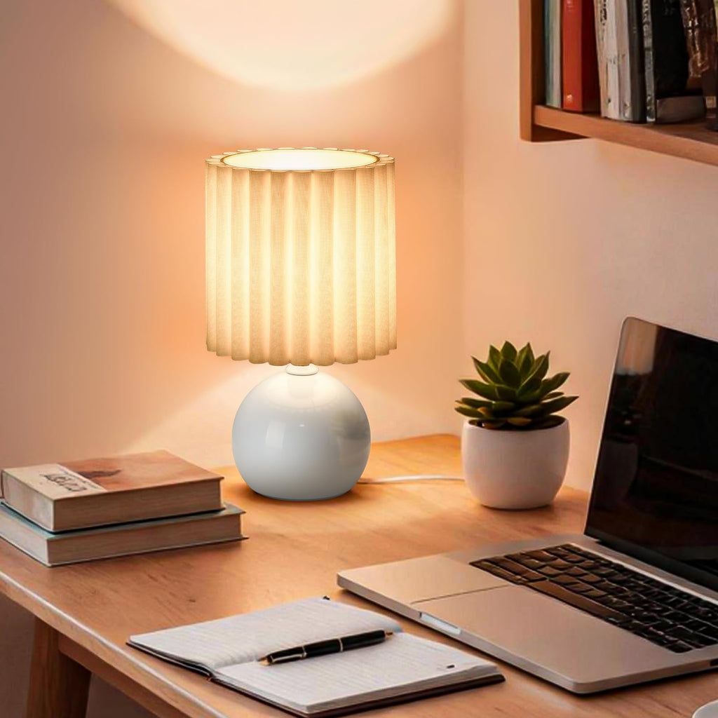 Blue Small Table Lamp with Scalloped Linen Shade, Mini Blue Table Lamp for Bedroom Nightstand, Cute Desk Night Light for Living Room, Bookshelf, Kitchen Counter, Kids Room, Office