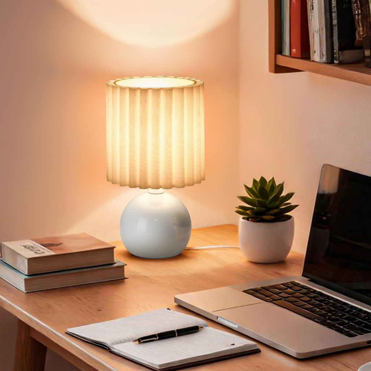 Blue Small Table Lamp with Scalloped Linen Shade, Mini Blue Table Lamp for Bedroom Nightstand, Cute Desk Night Light for Living Room, Bookshelf, Kitchen Counter, Kids Room, Office