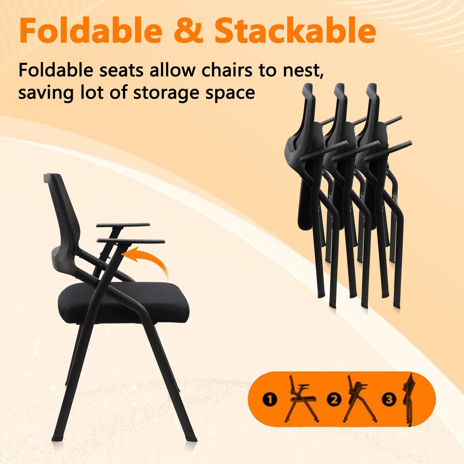 Black (10 pk) Stackable & Foldable Office Chairs with Ergonomic Lumbar Support and Thickened Seat Cushion, Folding Mesh Fabric Reception Guest Chair for School Church Conference Waiting Room