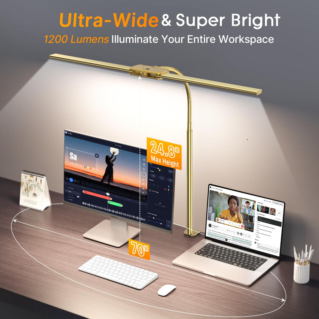 LED Desk Lamp for Office, Dual Head Eye-Care Architect Table Lamp, Gesture/Wired Control, Flexible Neck, Bright Desk Light with Memory/Timer, 50 Lighting Modes for Study, Drafting, Gold