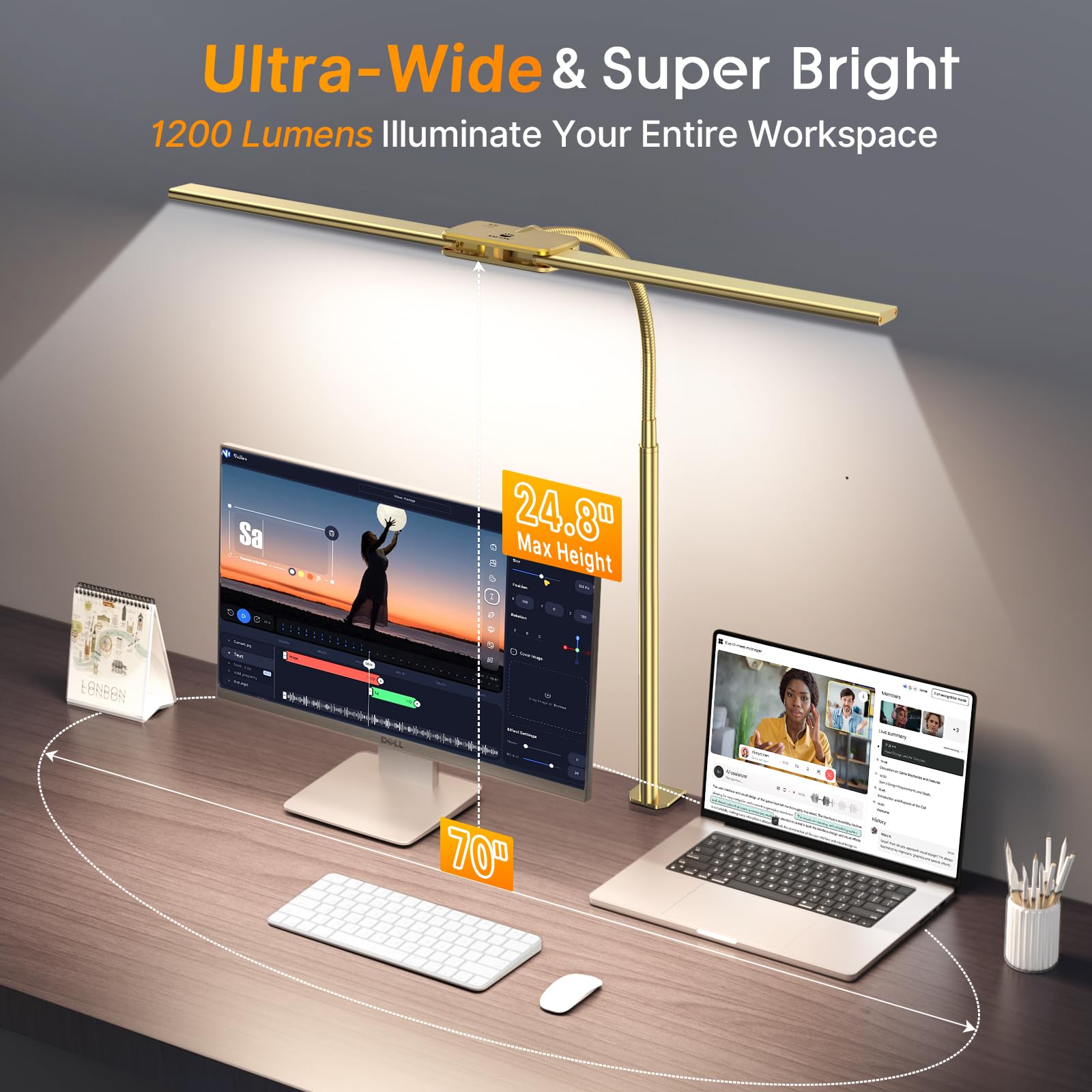 LED Desk Lamp for Office, Dual Head Eye-Care Architect Table Lamp, Gesture/Wired Control, Flexible Neck, Bright Desk Light with Memory/Timer, 50 Lighting Modes for Study, Drafting, Gold