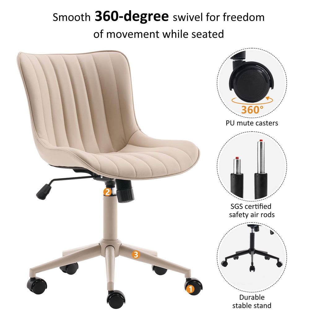 Home Office Desk Chair with Wheels Armless Vanity Chair with Back Comfy Modern Leather Upholstered Rolling Task Chair Swivel Small Cute Sewing Chair No Arms Wide Adjustable Ergonomic Cream