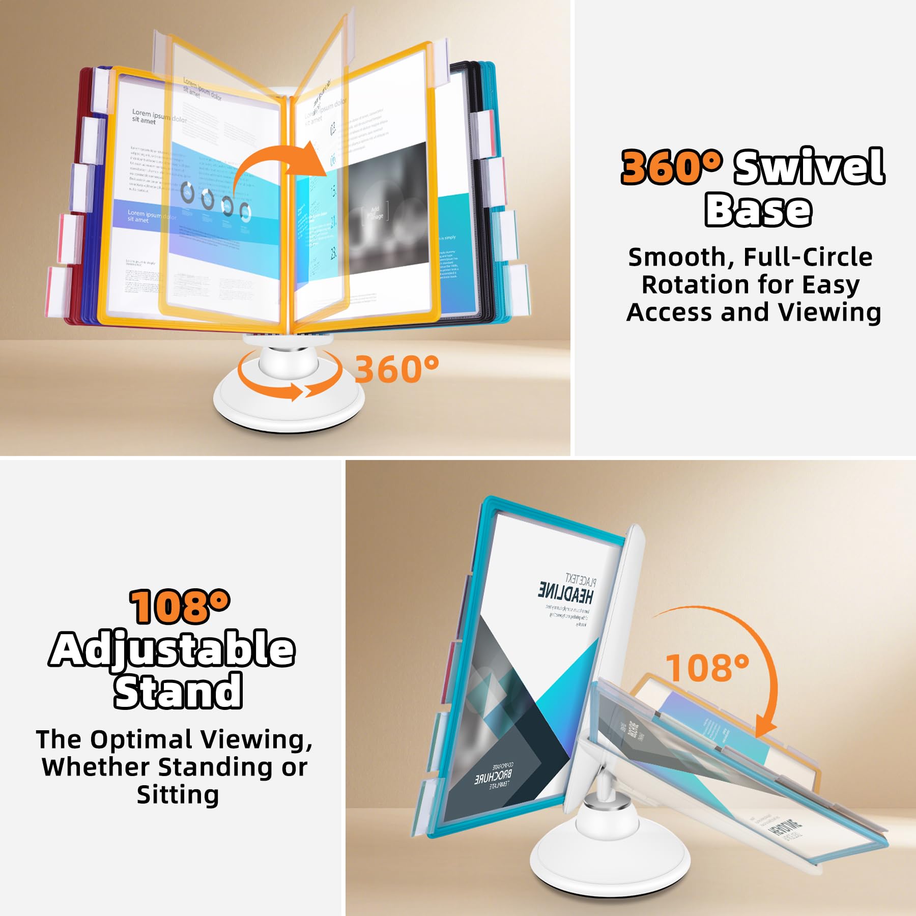 10-Pocket Desktop Reference & Display System with 360° Adjustable Base, Fast Flip & Find Desk Reference Organizer, A4/Letter Size 10 Double-Sided Panels with 5-Color Borders & Index Tabs, White