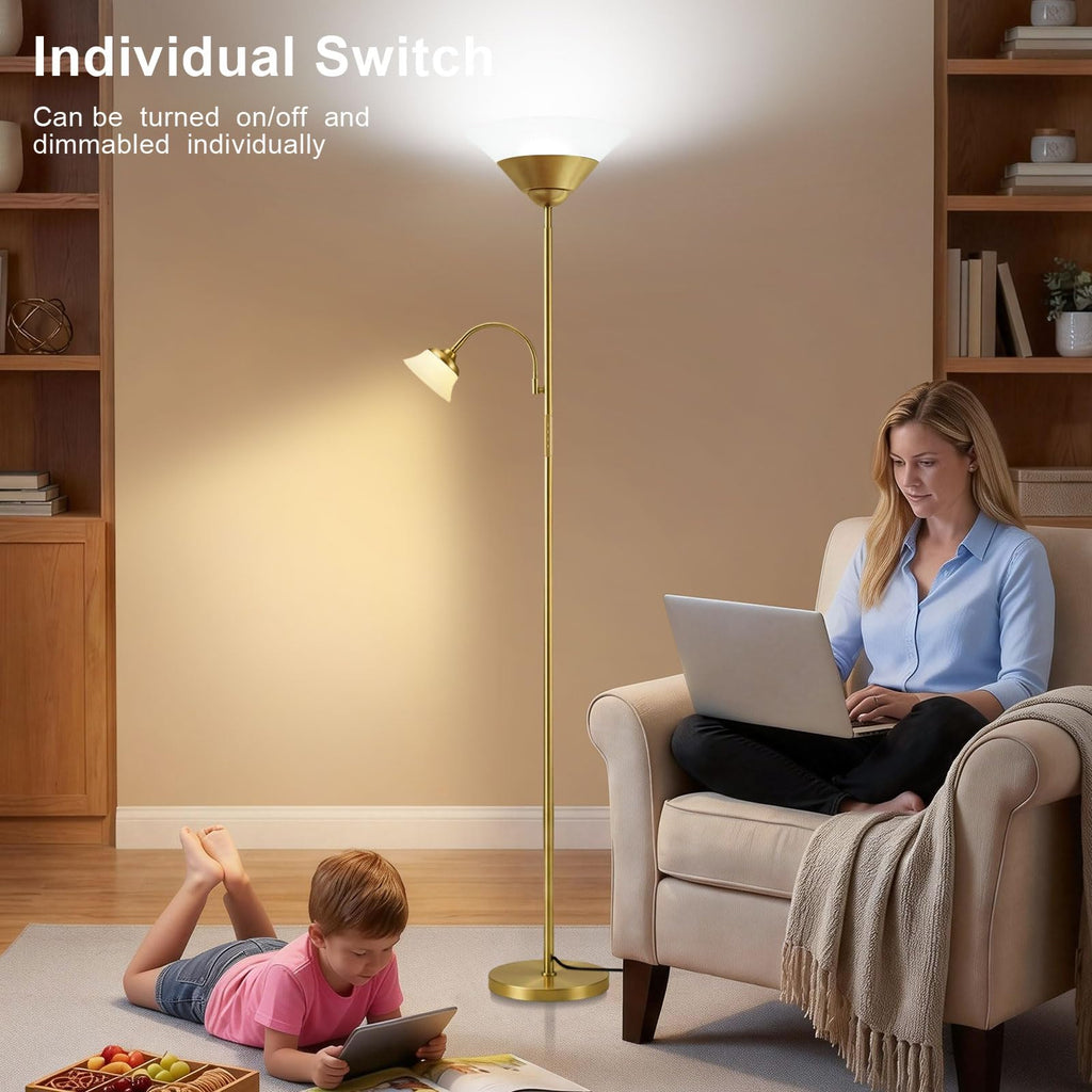 2-in-1 Torchiere Floor Lamp, 34W Super Bright LED Standing Lamp with Remote & Touch Control, 72" Dimmable Adjustable Corner Reading Lamp for Living Room, Bedroom, Office, Gold
