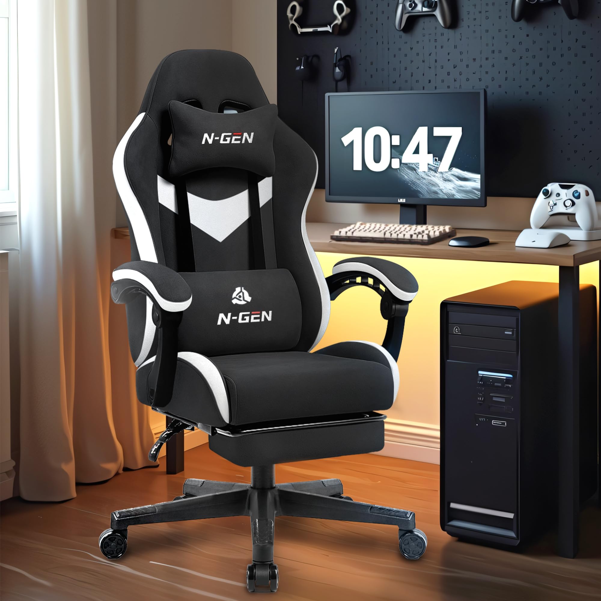 Gaming Chair with Footrest Lumbar Support for Home Office High Back Recliner Height Adjustable Ergonomic Comfy Fabric Computer Desk Chair (Black)