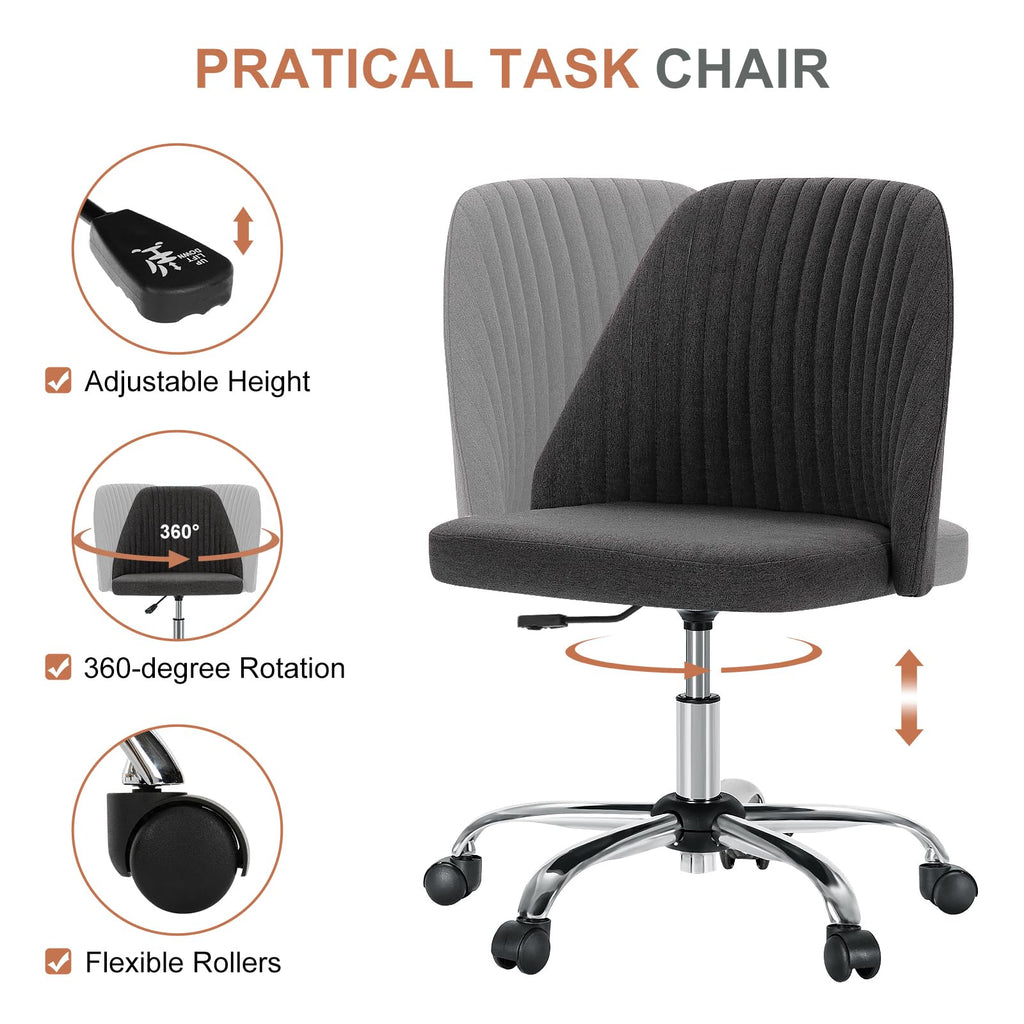 Office Chair, Comfy Desk Chair Rolling Vanity Swivel Task Chairs with Wheels, Wide Seating Armless Height Adjustable Computer Chairs for Home,Bedroom,Student,Adults, Graphite