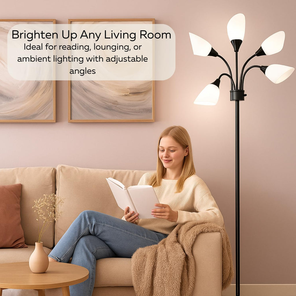 Multi-Head 5-Light Floor Lamp, Adjustable Standing Lamp with 3-Mode Switch, White Acrylic Shades, Black Finish, Perfect Floor Lamps for Living Room & Bedroom Room Lights