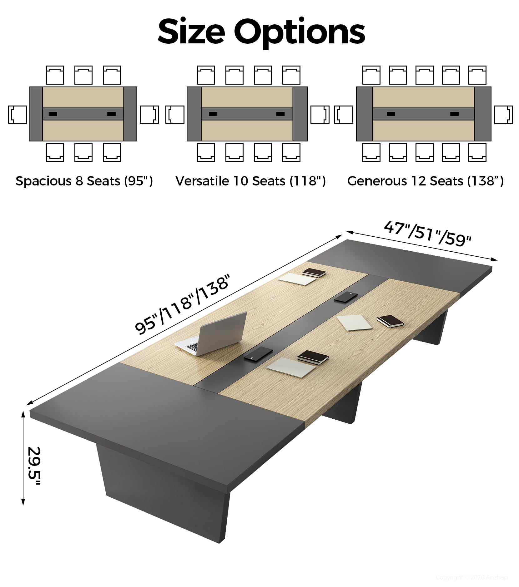 10FT Conference Table for 10 People, Executive Office Table, Rectangular Boardroom Meeting Table with Built-in Power Outlets & USB Ports, 2" Thick Tabletop (Oak & Gray, 118" L * 51" W * 30" H)