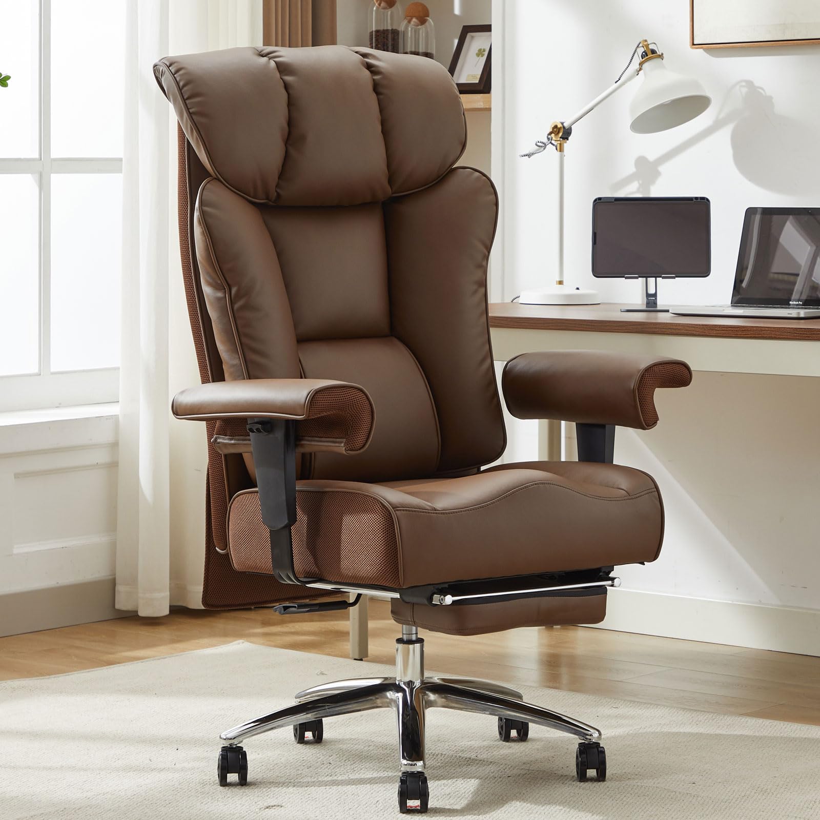 Big and Tall Office Chair 400lbs - Heavy Duty Executive Desk Chair with Foot Rest & 23" Wide Seat - High Back Ergonomic Leather Computer Chair for Heavy People, Home Office, Brown