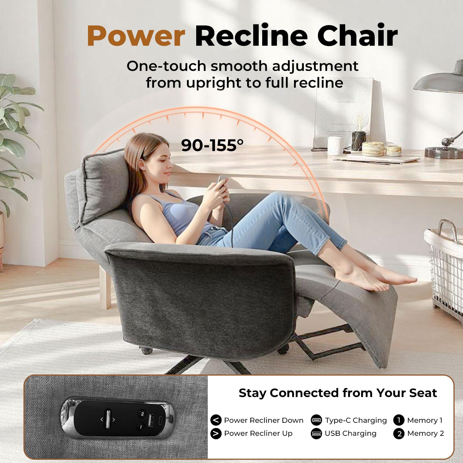 Ergonomic Executive Recliner, Adjustable Electric Office Chair 90-155° with Footrest, 4-Position Headrest, 300LBS Heavy Duty, 2-in-1 Base Swivel Desk Chair w/USB, Grey & Black Chenille