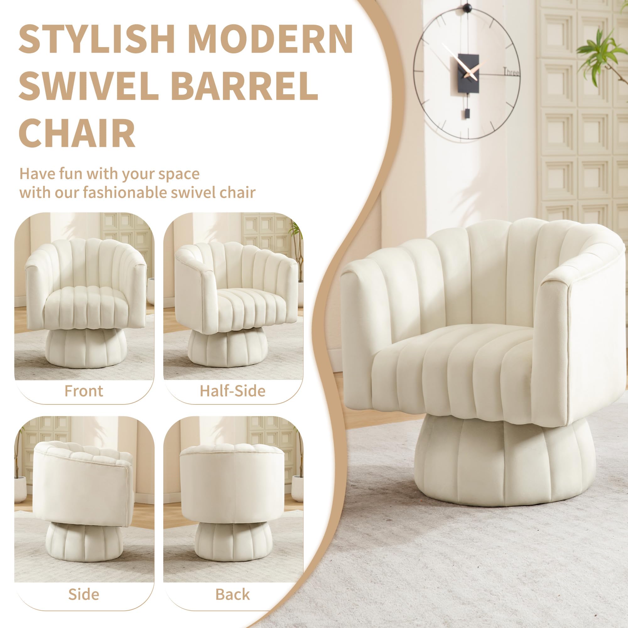 Swivel Accent Barrel Chair - Cute Comfy Small Round 360° Arm Chair Velvet Sofa Club Reading Chair for Office Living Room Bedroom Beige