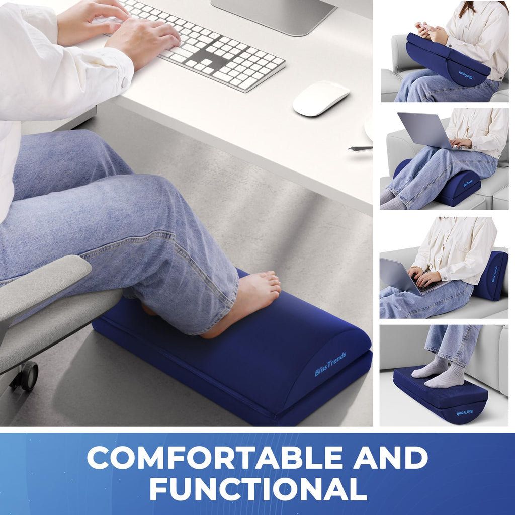 Foot Rest for Under Desk at Work-Versatile Foot Stool with Washable Cover-Comfortable Footrest with 2 Adjustable Heights for Car,Home and Office to Relieve Back,Lumbar,Knee Pain-Blue Long