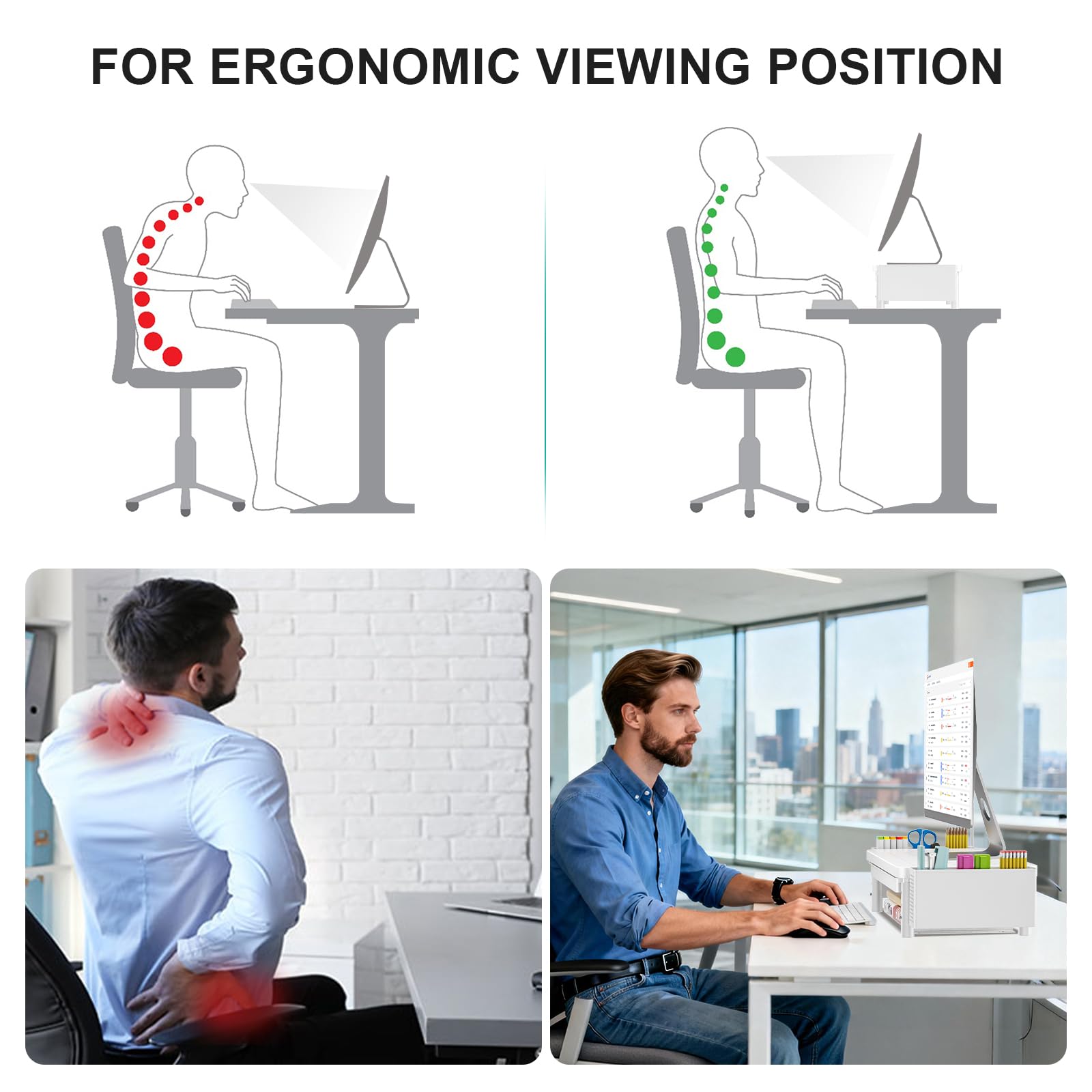 Computer Monitor Stand with Storage, Desk Organizer with Drawer and Pen Holder, Desk Monitor Riser 3 Height Adjustable, Laptop Riser for Computer, Laptop, Printer(PTT003-W), 1 Pack, White
