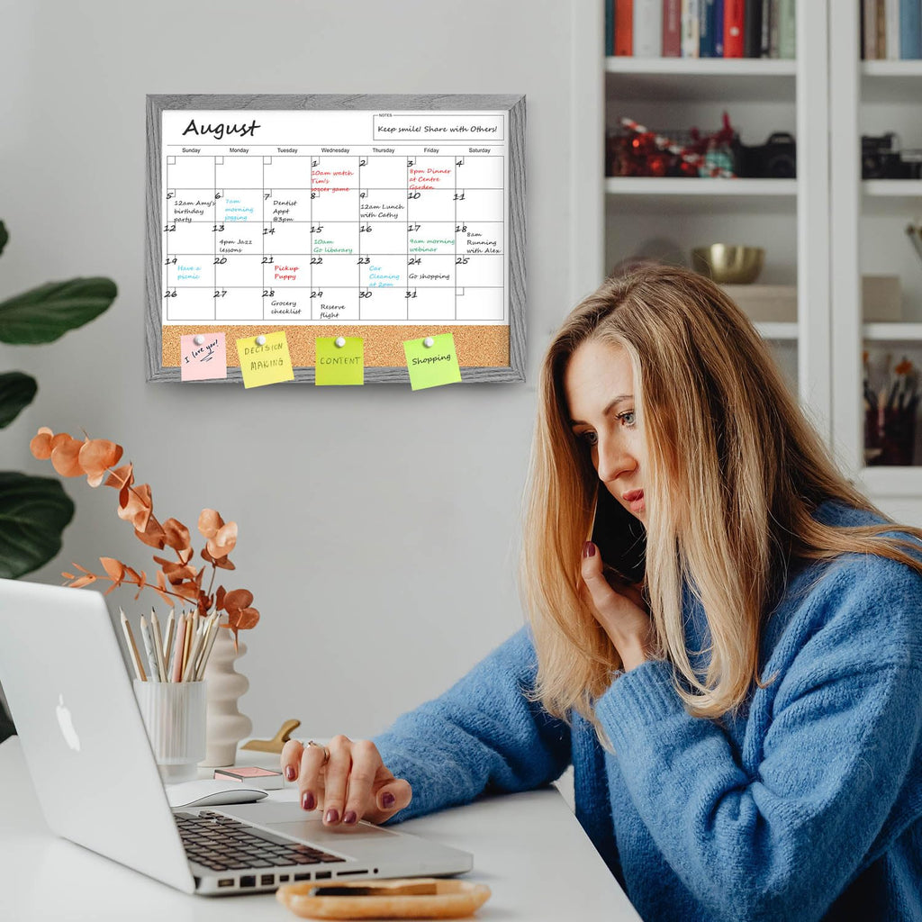Calendar Whiteboard for Wall, 17x13 Inches Dry Erase Calendar Cork Board Combo, Magnetic Monthly White Board with Wood Framed, Hanging Dry Erase Board for Home Kitchen Office Planner Memo