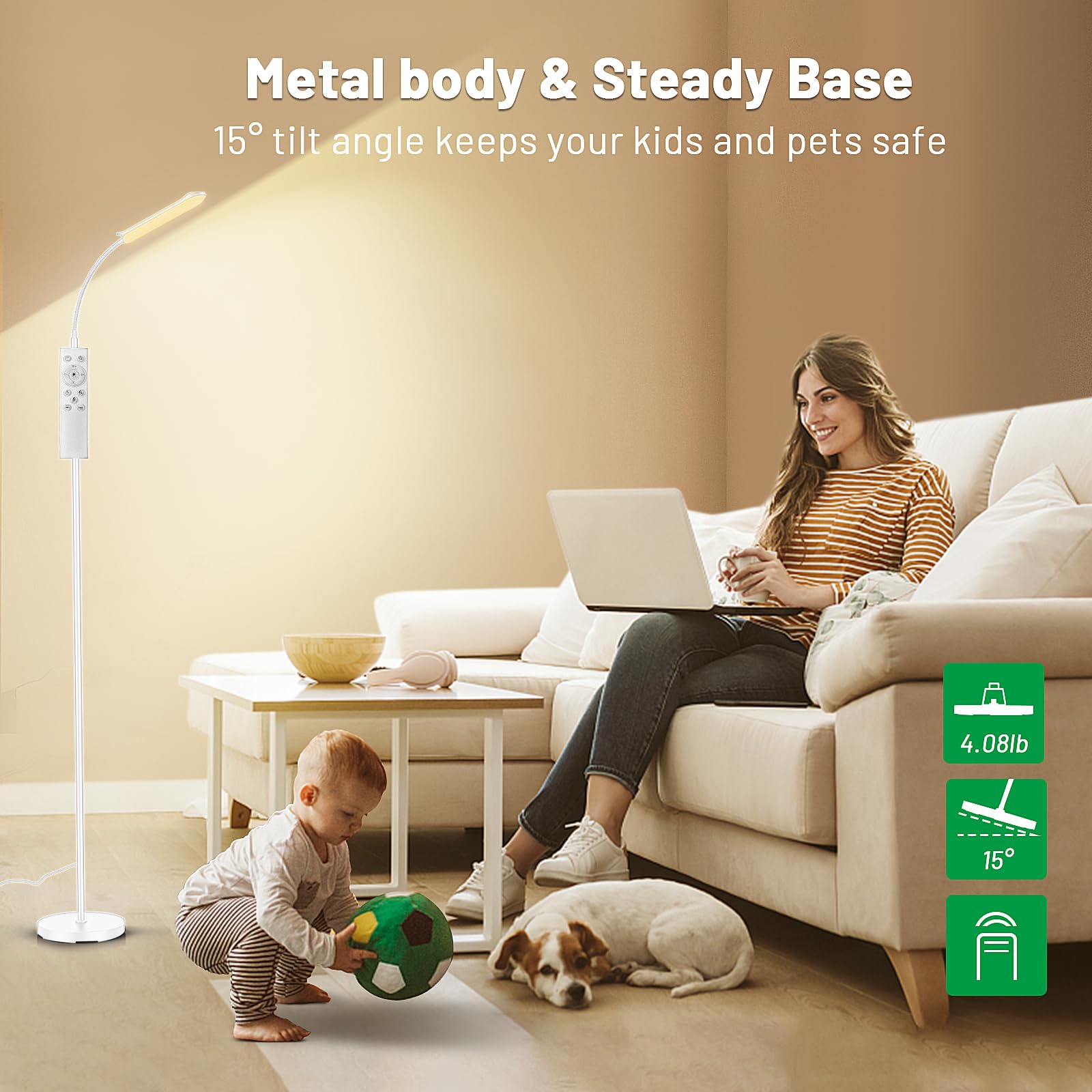 LED Floor Lamp, Super Bright Reading Lamps Floor Standing Lamp with Remote & Touch Control, Stepless Dimming & 2700K-6500K Color Temperature, for Living Room Bedroom Office, White
