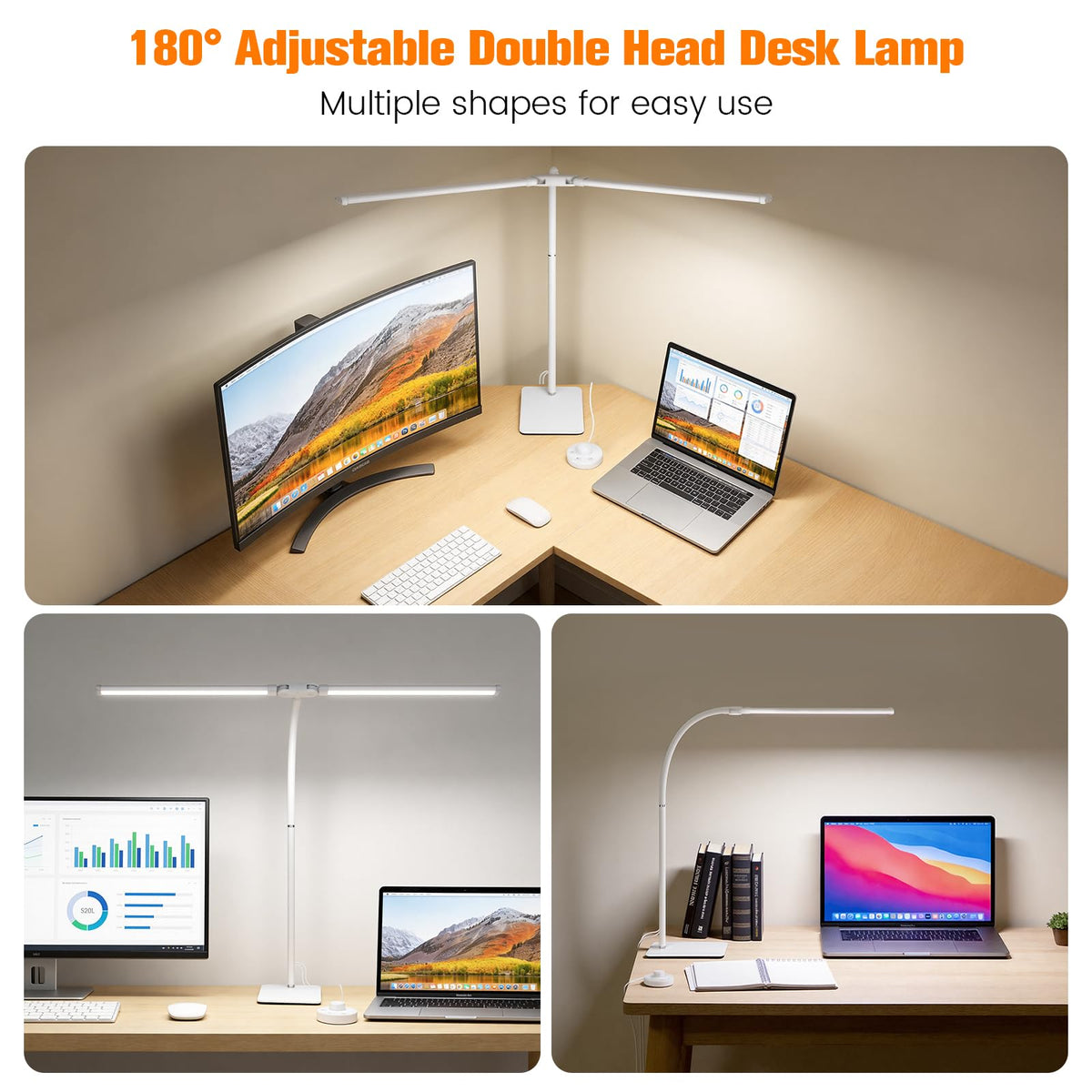 Desk Lamp for Home Office,Adjustable Double Head Desk Light with Base White