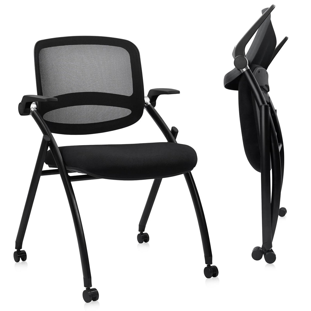 (2pk) Stackable & Foldable Chairs with Flip Up Armrests, Reception Guest Chairs with Wheels, Ergonomic Curved Mesh Back Folding Chair for Office Meeting Schools Conference Waiting Room