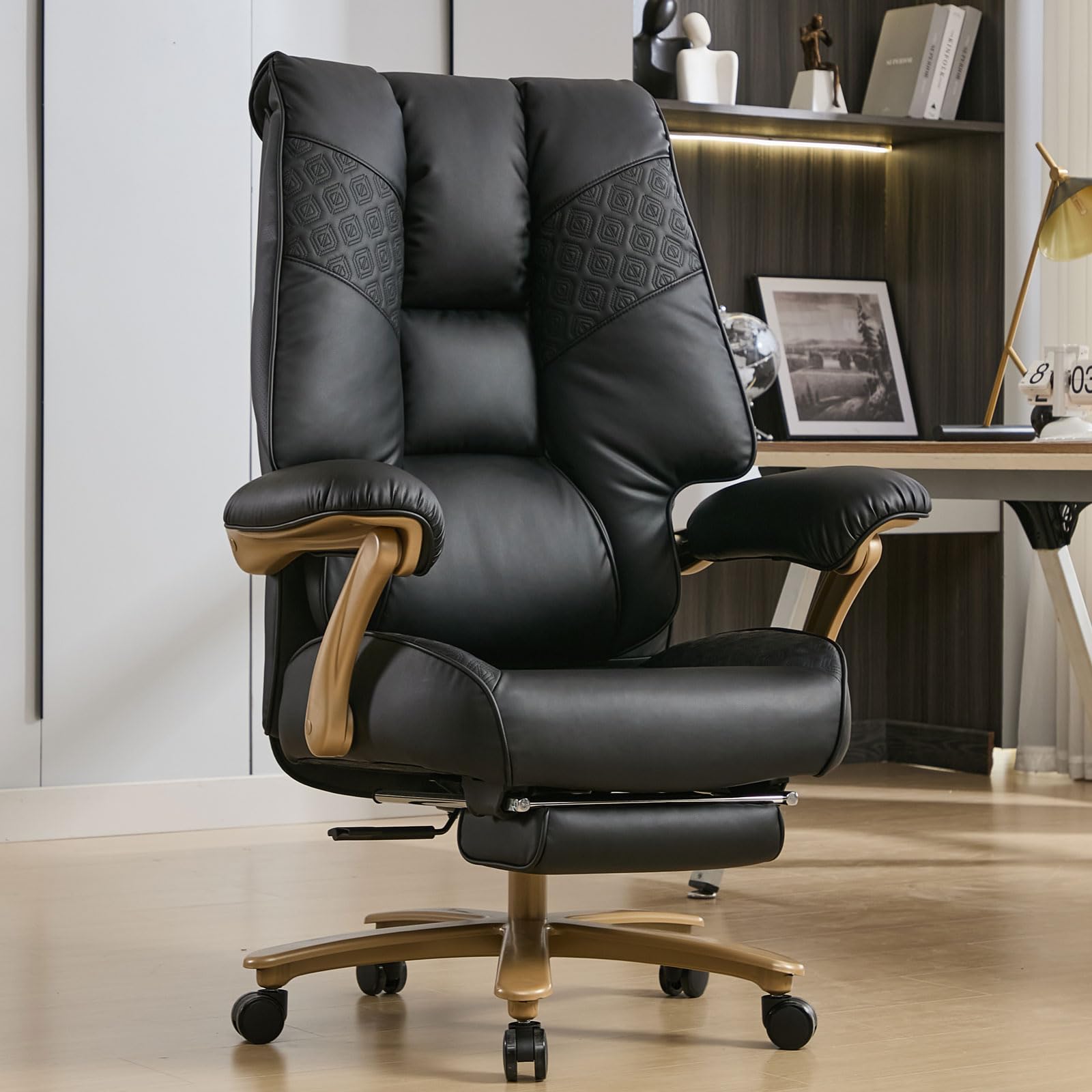 Big and Tall Executive Office Chair with Footrest, 400LBS Capacity Ergonomic High-Back Desk Office Chair with Lumbar Support, Padded Armrests & Thick Cushion, Black PU Leather Chairs