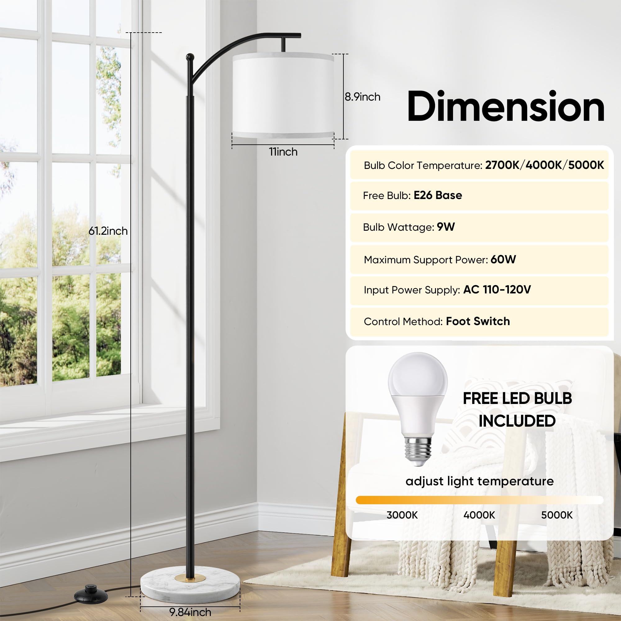 Floor Lamp for Living Room with Marble Base, Modern Standing Lamp with 3 Color Temperatures Bulb & Adjustable Linen Shade, Tall Lamp for Bedroom Office Reading Nursery
