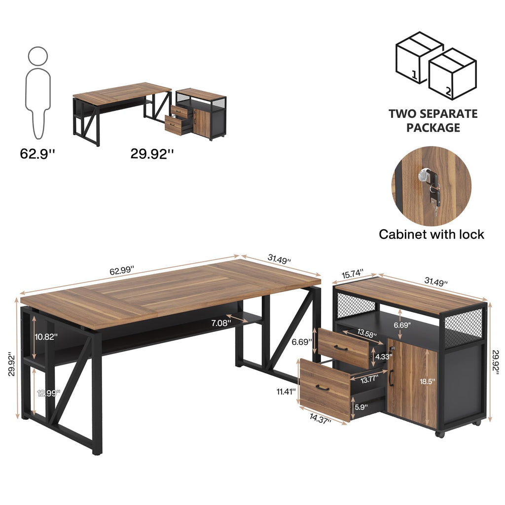 63" Executive Desk with Reversible File Cabinet, Large L-Shaped Office Desk with Drawers, Business Furniture Workstation for Home Office