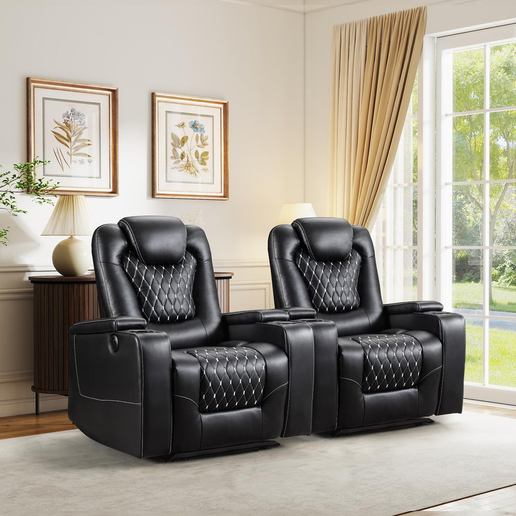 (Set of 2, Black) Power Recliner Chair with USB Ports and Cup Holders - Overstuffed Electric Home Theater Seating PU Leather Reclining Furniture with Hidden Arm Storage, Easy to Clean