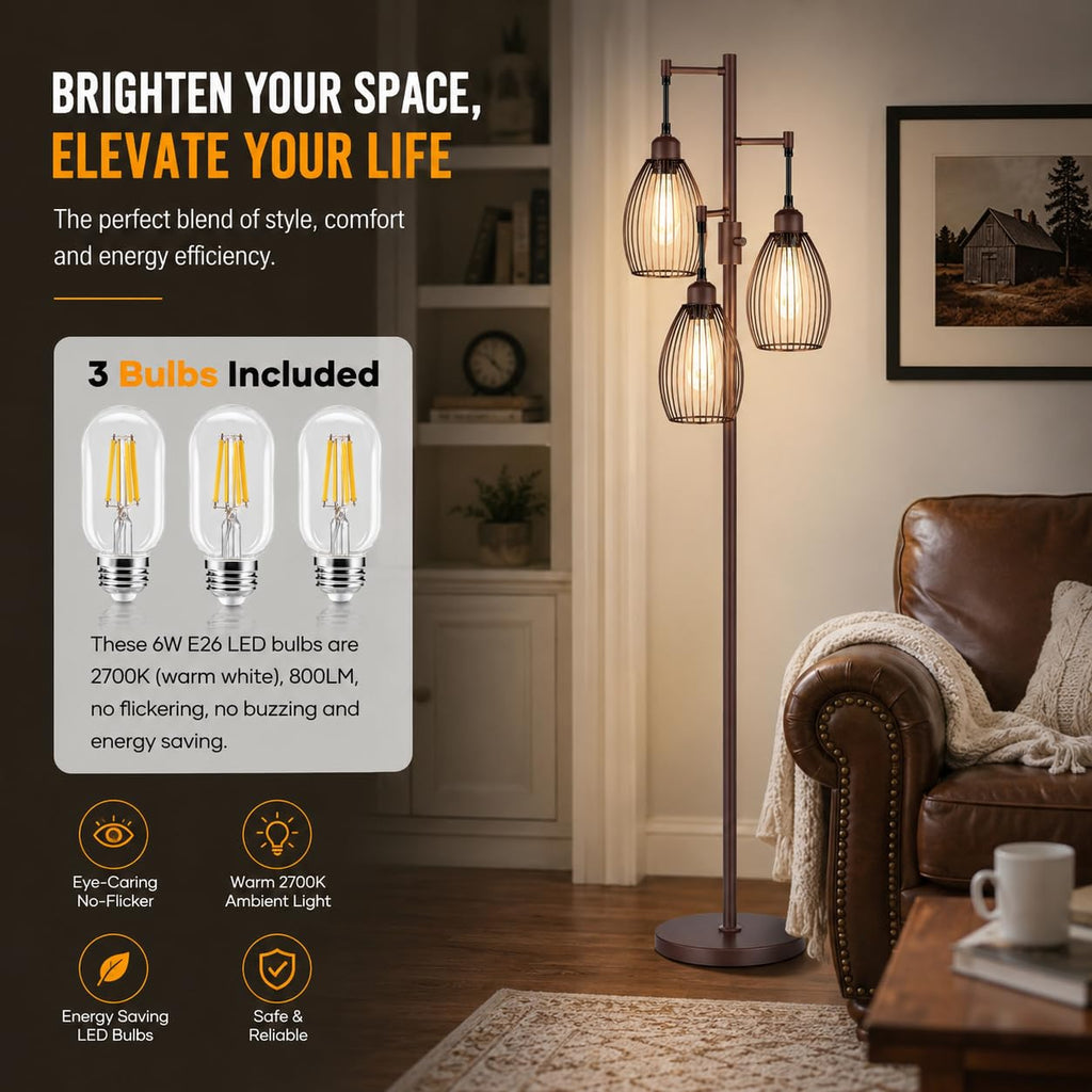 Floor Lamp,3x800LM LED Bulbs Included, Farmhouse Industrial Floor Lamp Standing Tree Lamp with Teardrop Cage Head Tall Lamp for Living Room Bedroom Office Dining Room - Matte Brown