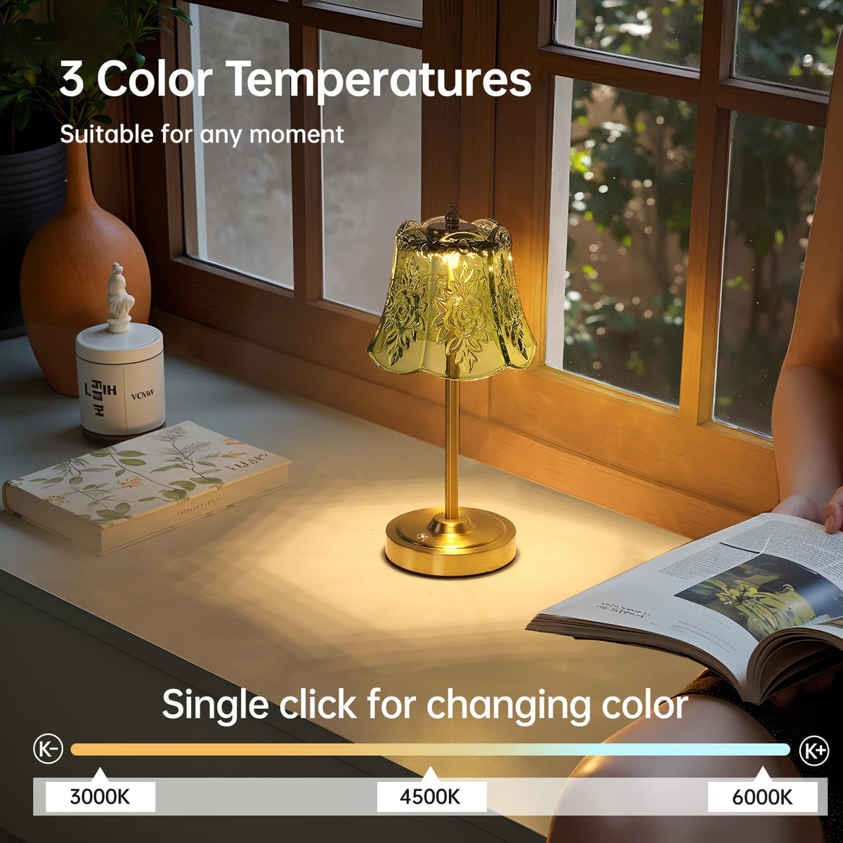 Cordless Touch Table Lamp with 5200mAh Battery - 3 Adjustable Color Temperatures & Dimmable, Rechargeable Desk Lamp for Bedroom, Living Room, Office, Entryway, Bookshelves (Green Rose)
