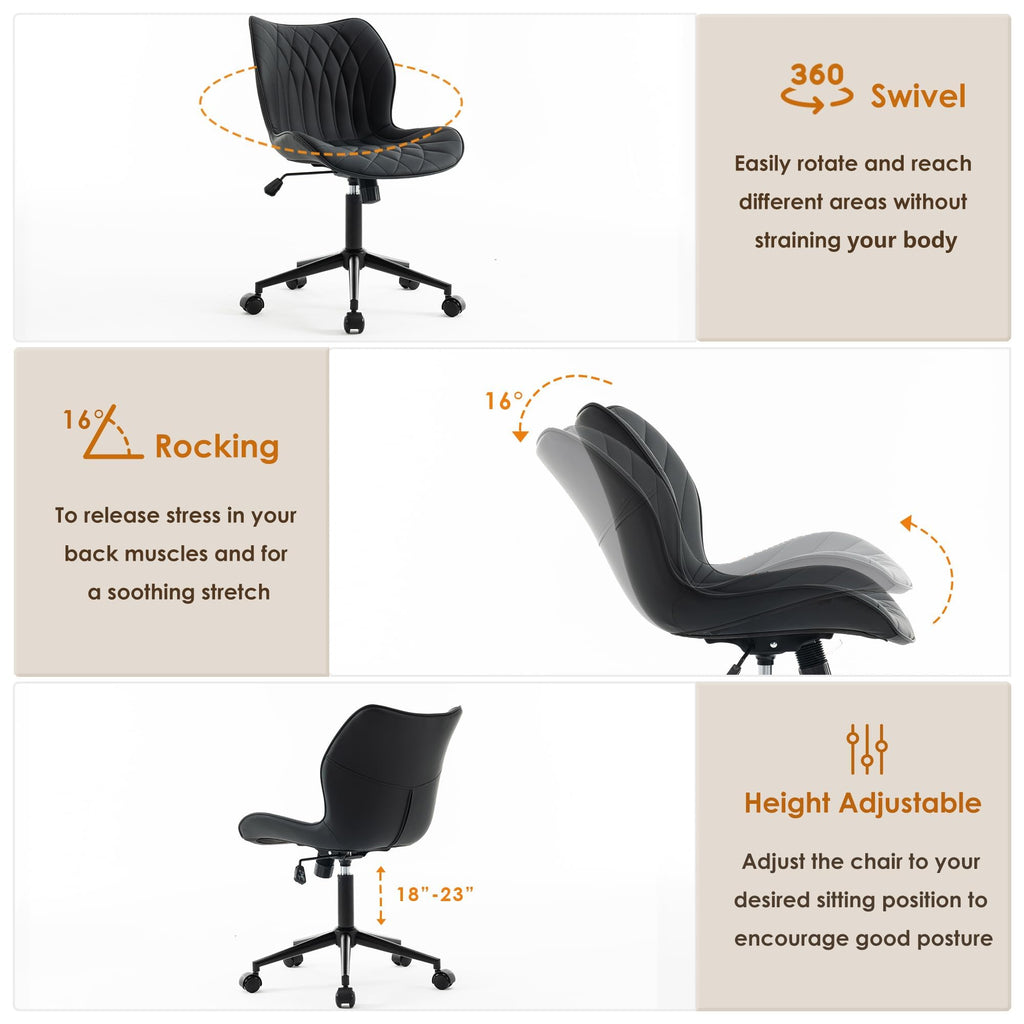 Armless Desk Chair Comfy Office Chair with Wheels Home Ergonomic Task Chair Adjustable Computer Chairs Modern Faux Leather Swivel Chair Upholstered Makeup Vanity Chair with Back(Black)
