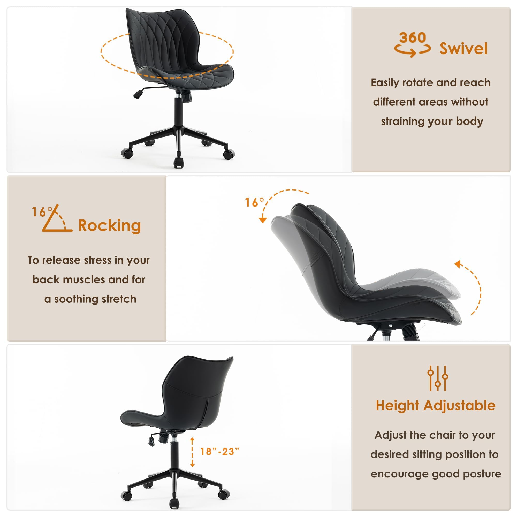 Armless Desk Chair Comfy Office Chair with Wheels Home Ergonomic Task Chair Adjustable Computer Chairs Modern Faux Leather Swivel Chair Upholstered Makeup Vanity Chair with Back(Black)