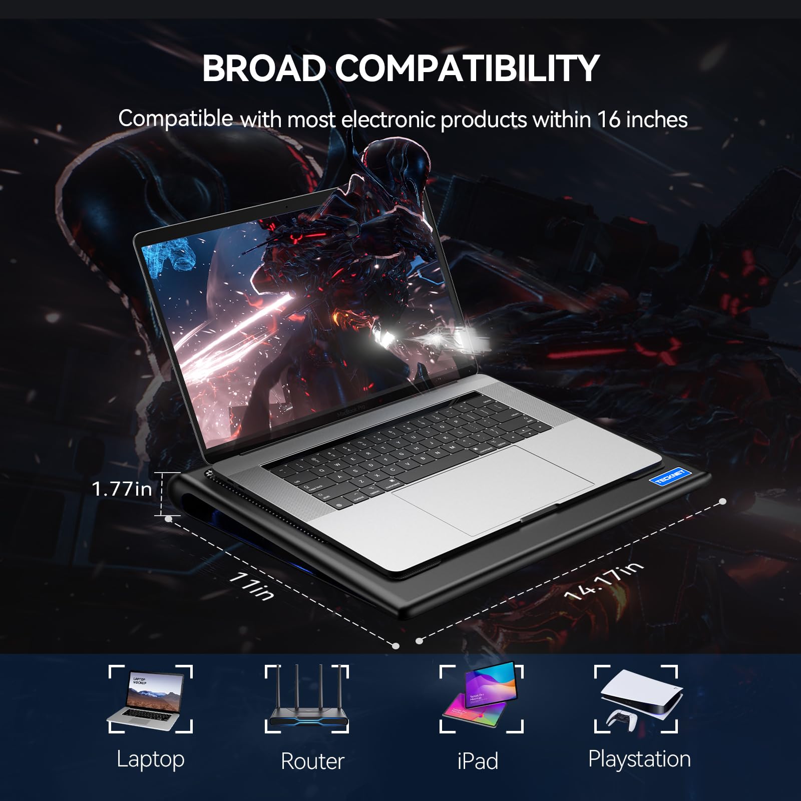 Laptop Cooling Pad - 12"-15.6" Laptops Cooler, Powerful Cooler and Ultra Quiet for Gaming Laptops Pad, 2 Wind Speed Adjustable, USB A & C Powered Cooler Stand with Laptop Fan LED (Blue)