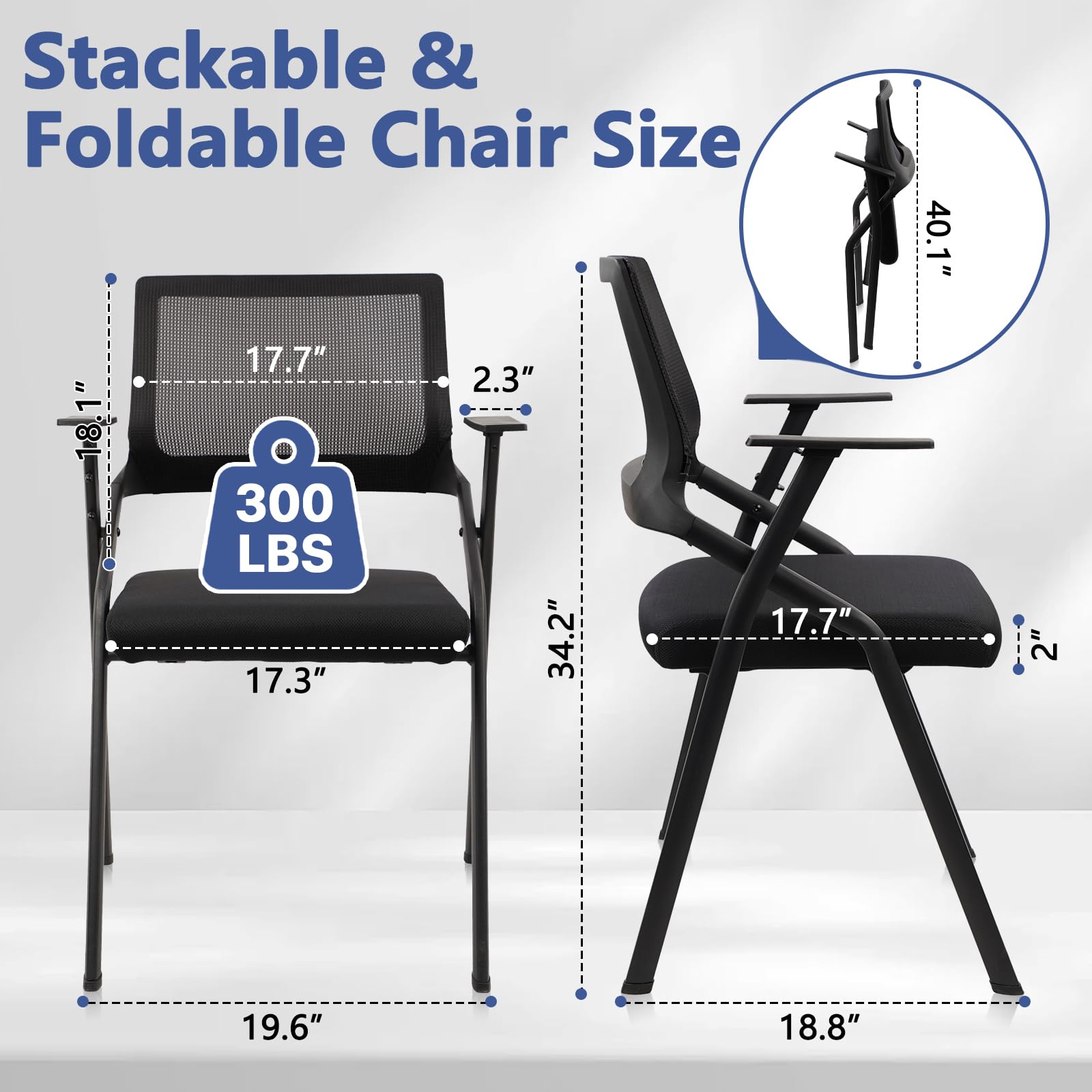 (2pk) Stackable & Foldable Office Chairs with Ergonomic Lumbar Support and Thickened Seat Cushion, Folding Mesh Fabric Reception Guest Chair for School Church Lobby Conference Room, Black