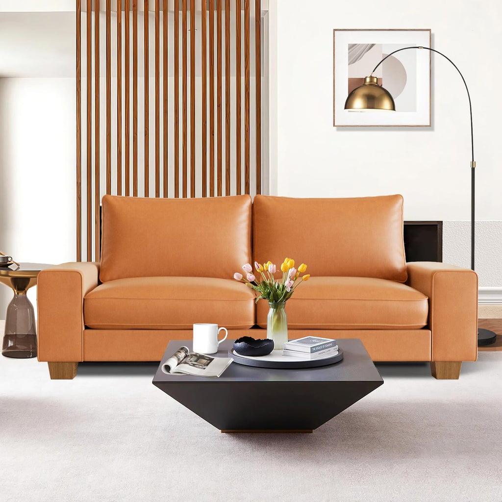 Faux Leather Couch, Mid Century Modern Comfy Loveseat Sofa with Wide Arm, Side Pockets, Solid Wooden Frame for Office, Living Room and Bedroom, 2 Seater (Brown, 71.25 Inches)