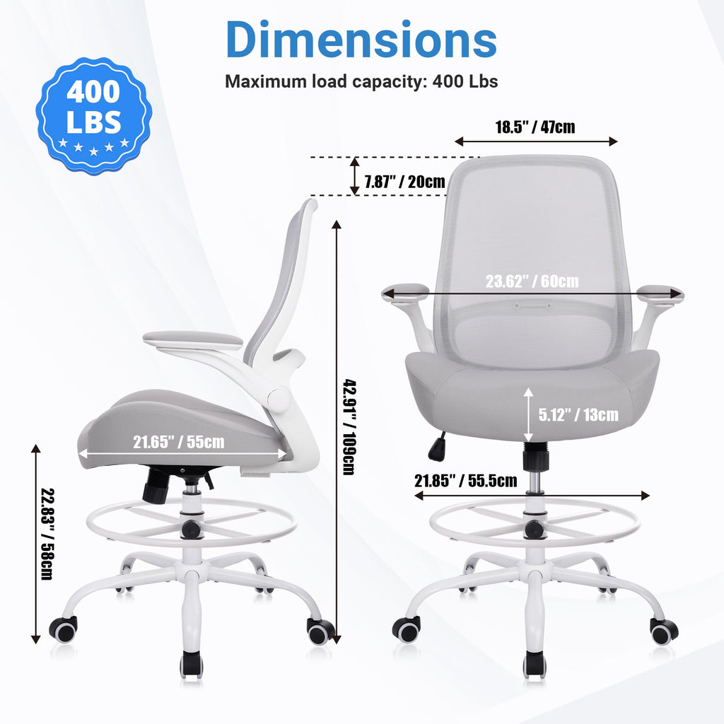 Drafting Chair Tall Office Chair with Flip-Up Armrests Ergonomic Computer Chair with Lumbar Support Adjustable Footrest Ring Mesh Standing Desk Chair (Grey)