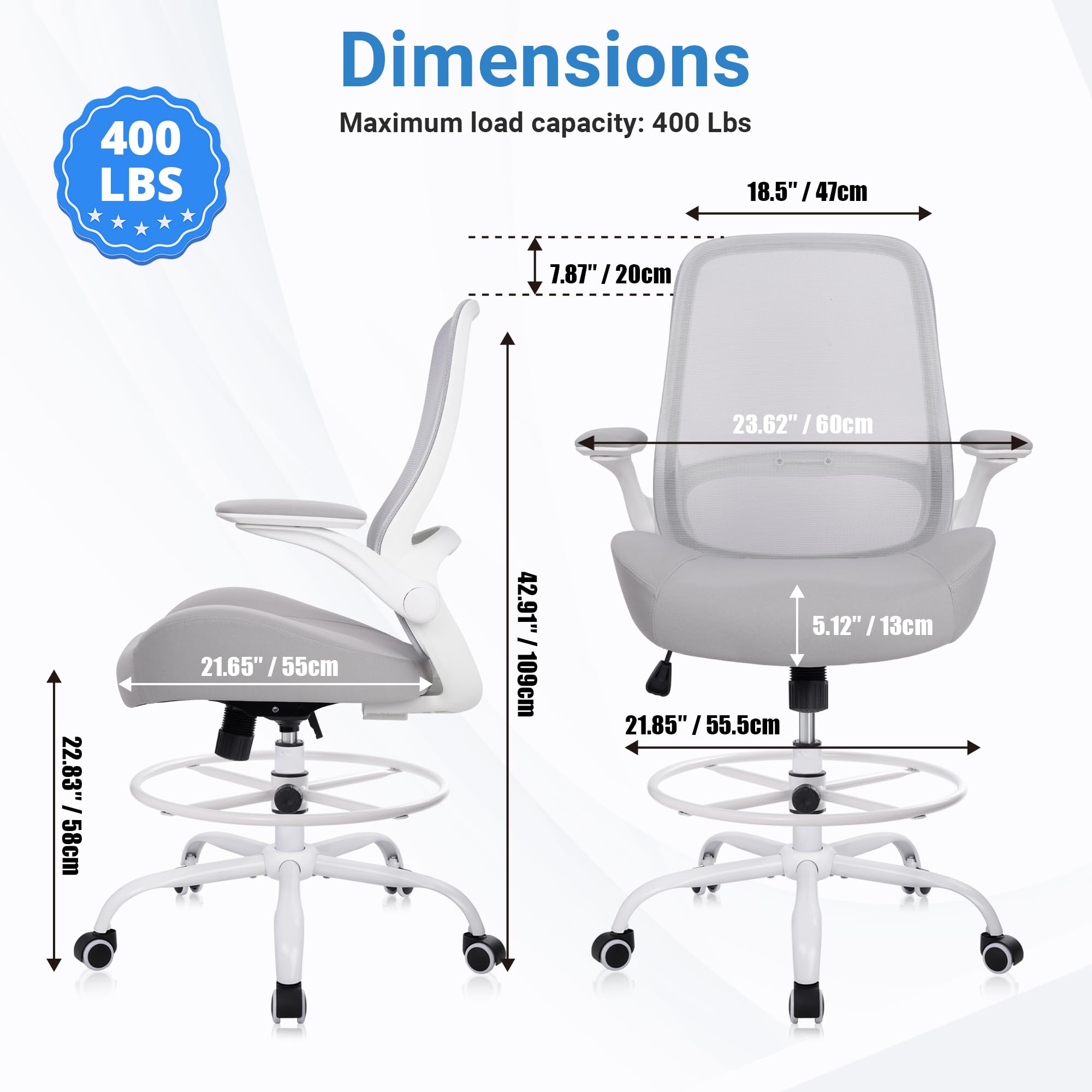 Drafting Chair Tall Office Chair with Flip-Up Armrests Ergonomic Computer Chair with Lumbar Support Adjustable Footrest Ring Mesh Standing Desk Chair (Grey)