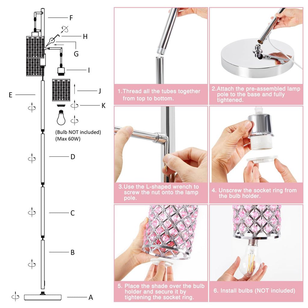 Pink Crystal Floor Lamp, 3-Light Standing Tall Lamp with Sparkling K9 Crystal Shade, Rotary Switch, Easy Assemble Lamps for Living Room, Bedroom, Home Office, Girls Room