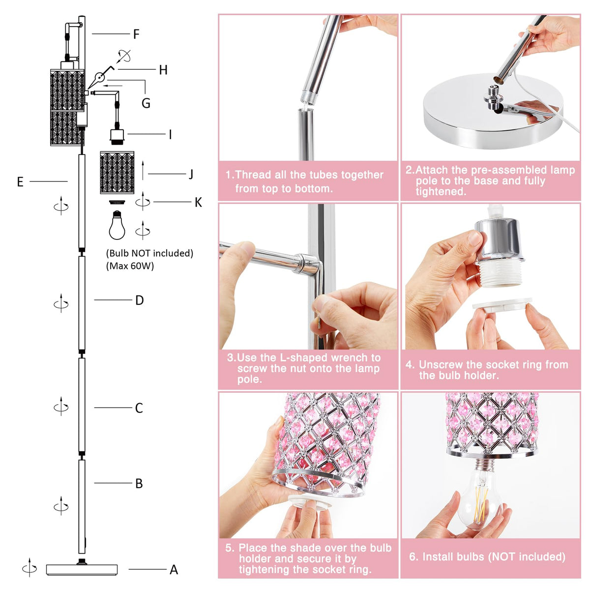 Pink Crystal Floor Lamp, 3-Light Standing Tall Lamp with Sparkling K9 Crystal Shade, Rotary Switch, Easy Assemble Lamps for Living Room, Bedroom, Home Office, Girls Room