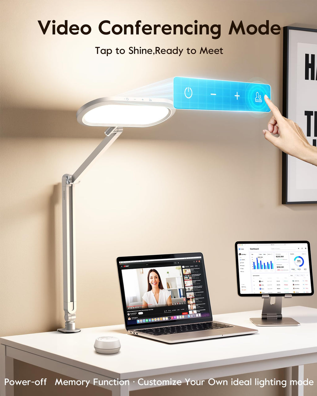 Desk Lamp for Home Office with Clamp for Video Conference, 50 Lighting Modes, Double-Sided Desk Light with Stepless Dimmable Knob Remote, Adjustable Arm Light for Video Recording, Zoom Call