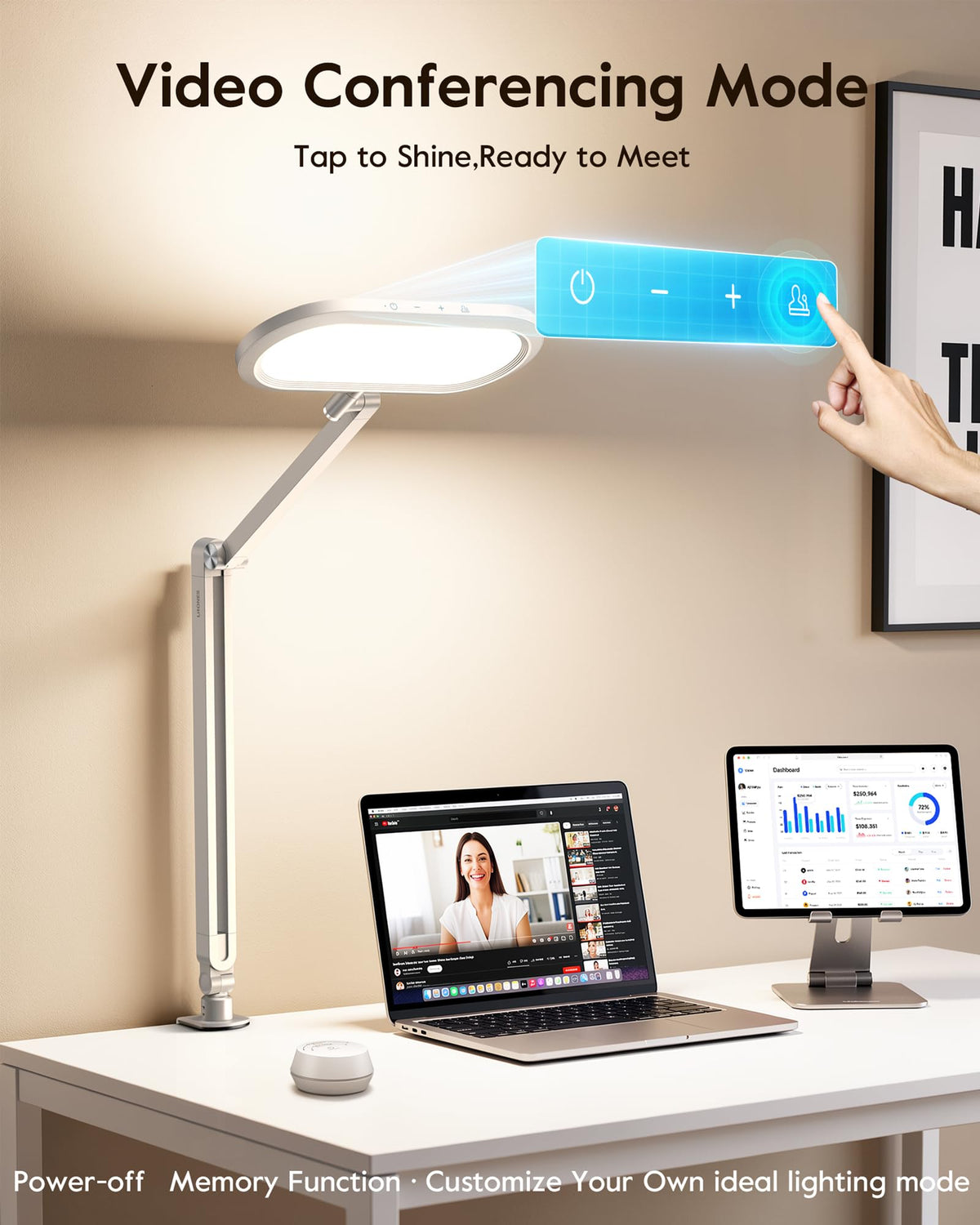 Desk Lamp for Home Office with Clamp for Video Conference, 50 Lighting Modes, Double-Sided Desk Light with Stepless Dimmable Knob Remote, Adjustable Arm Light for Video Recording, Zoom Call